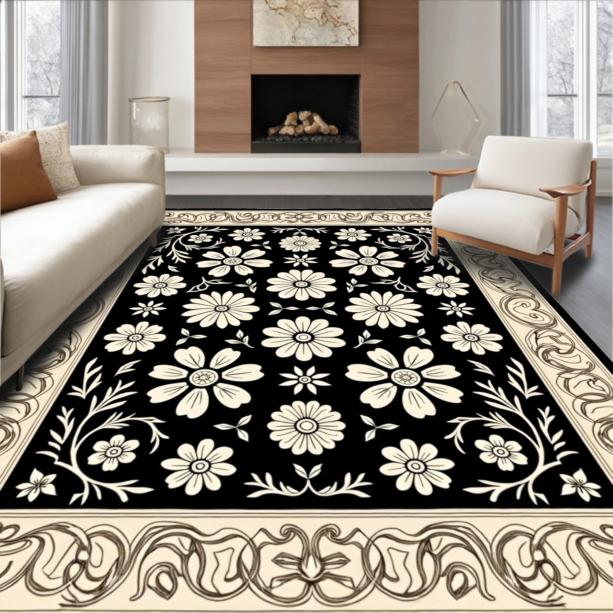 Classic Black Cream Floral Border Rug