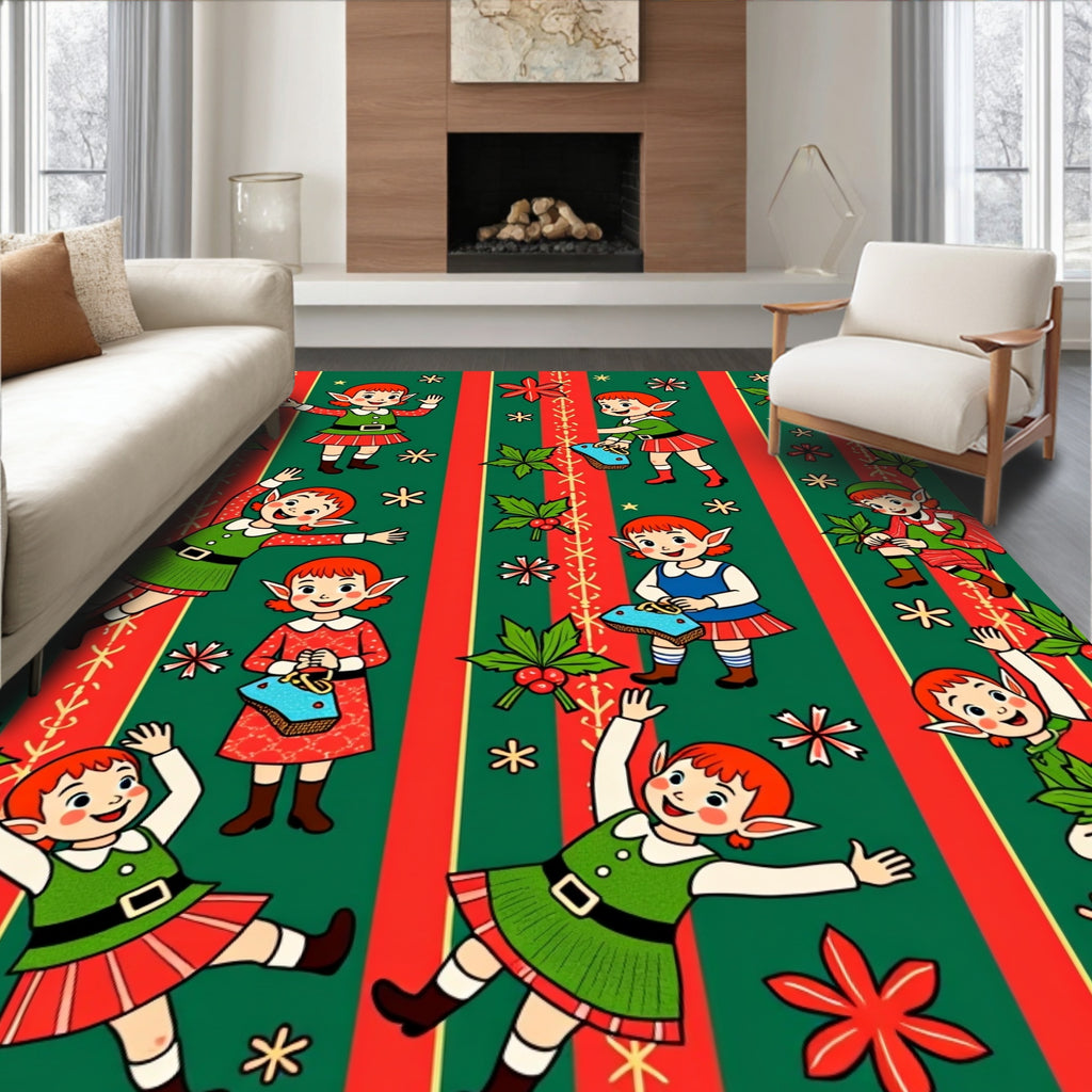 Christmas Elves Red Green Striped Rug