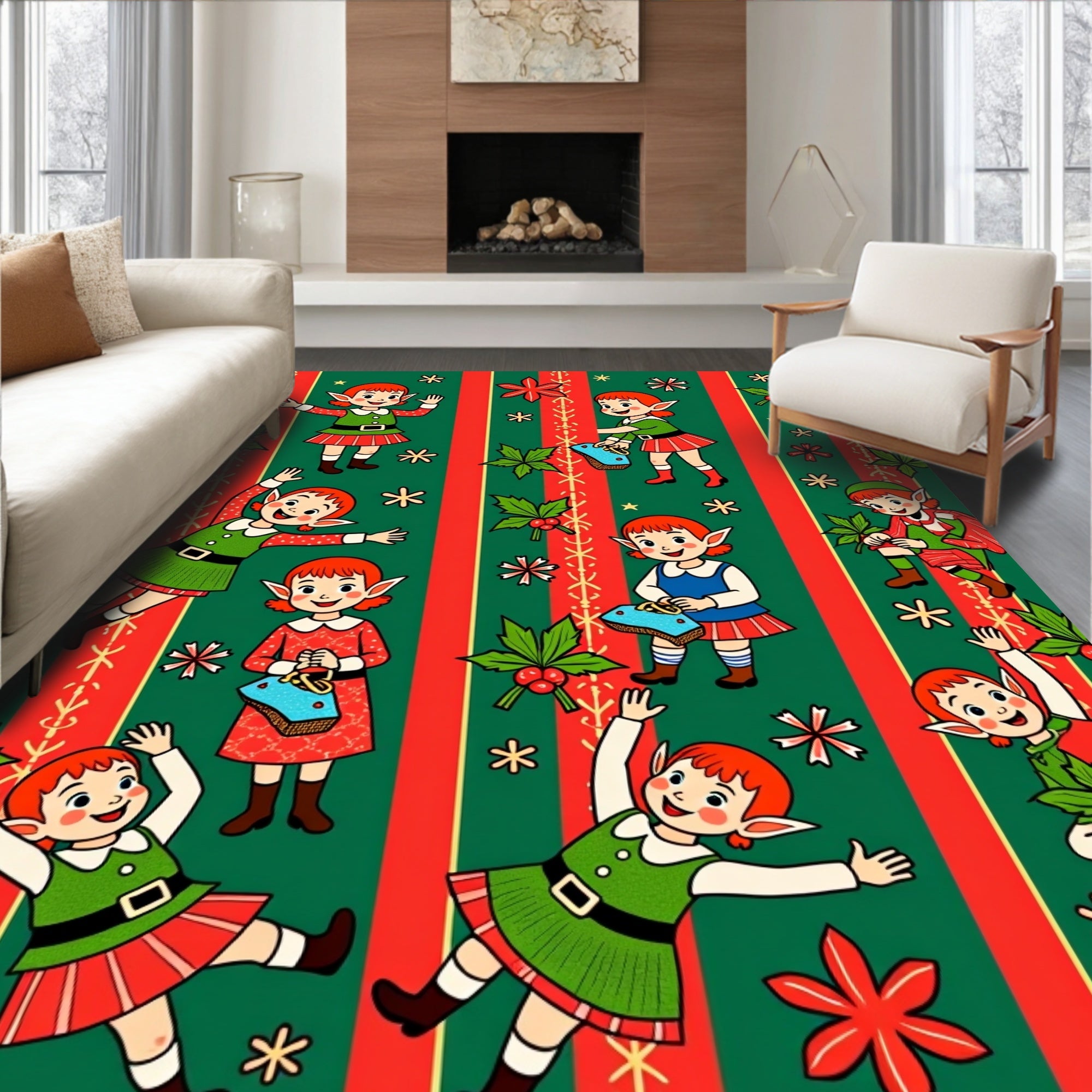 Christmas Elves Red Green Striped Rug