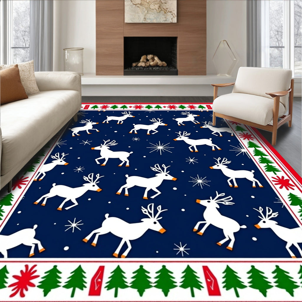 White Reindeer Festive Navy Christmas Border Rug