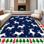 White Reindeer Festive Navy Christmas Border Rug