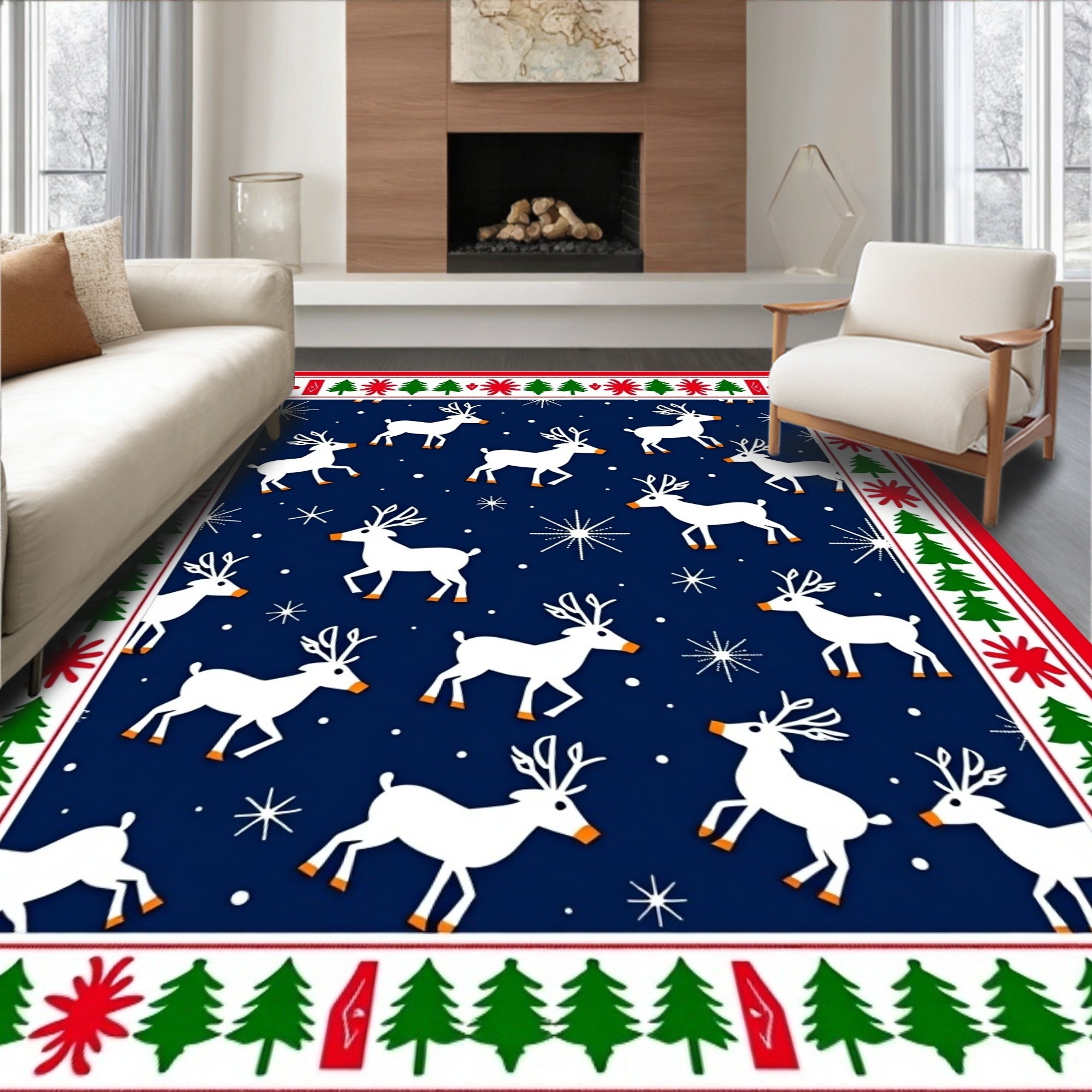 White Reindeer Festive Navy Christmas Border Rug