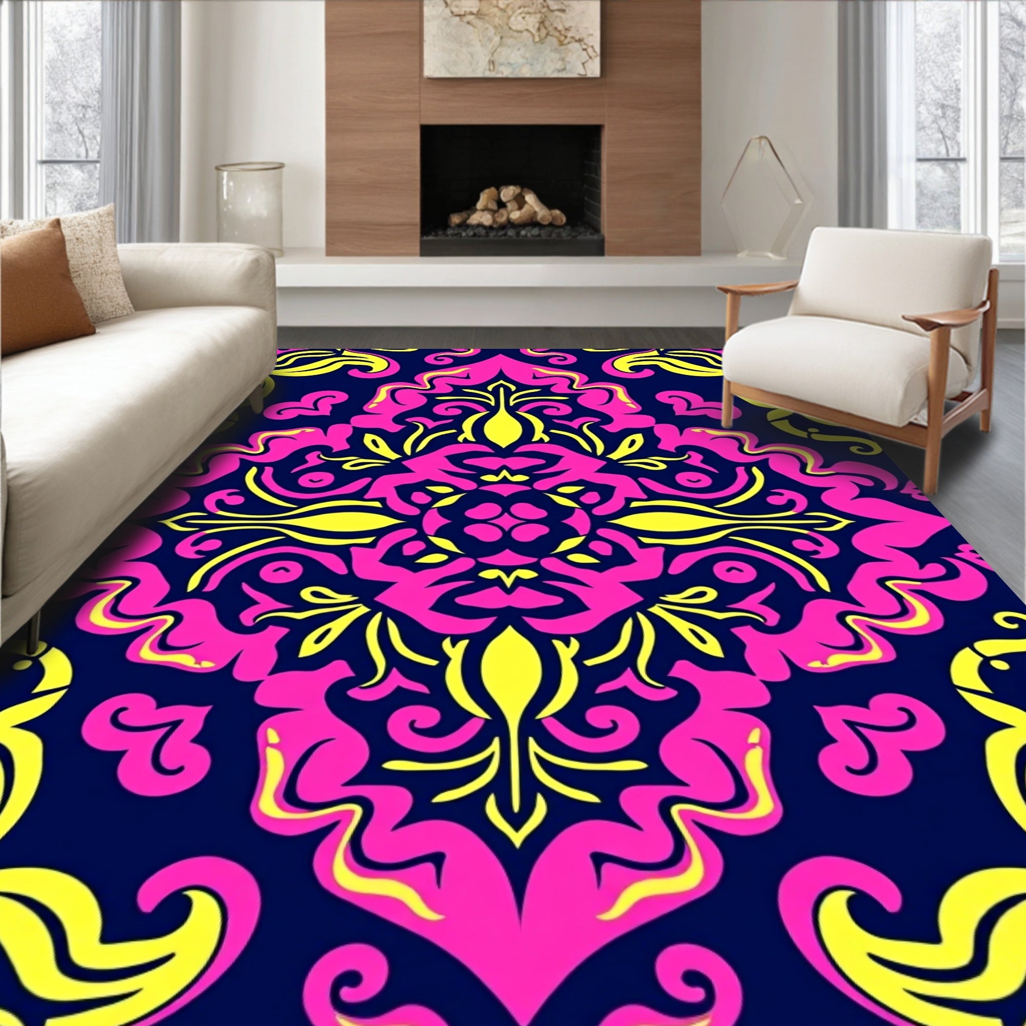 Vibrant Pink Yellow Damask Mandala Rug