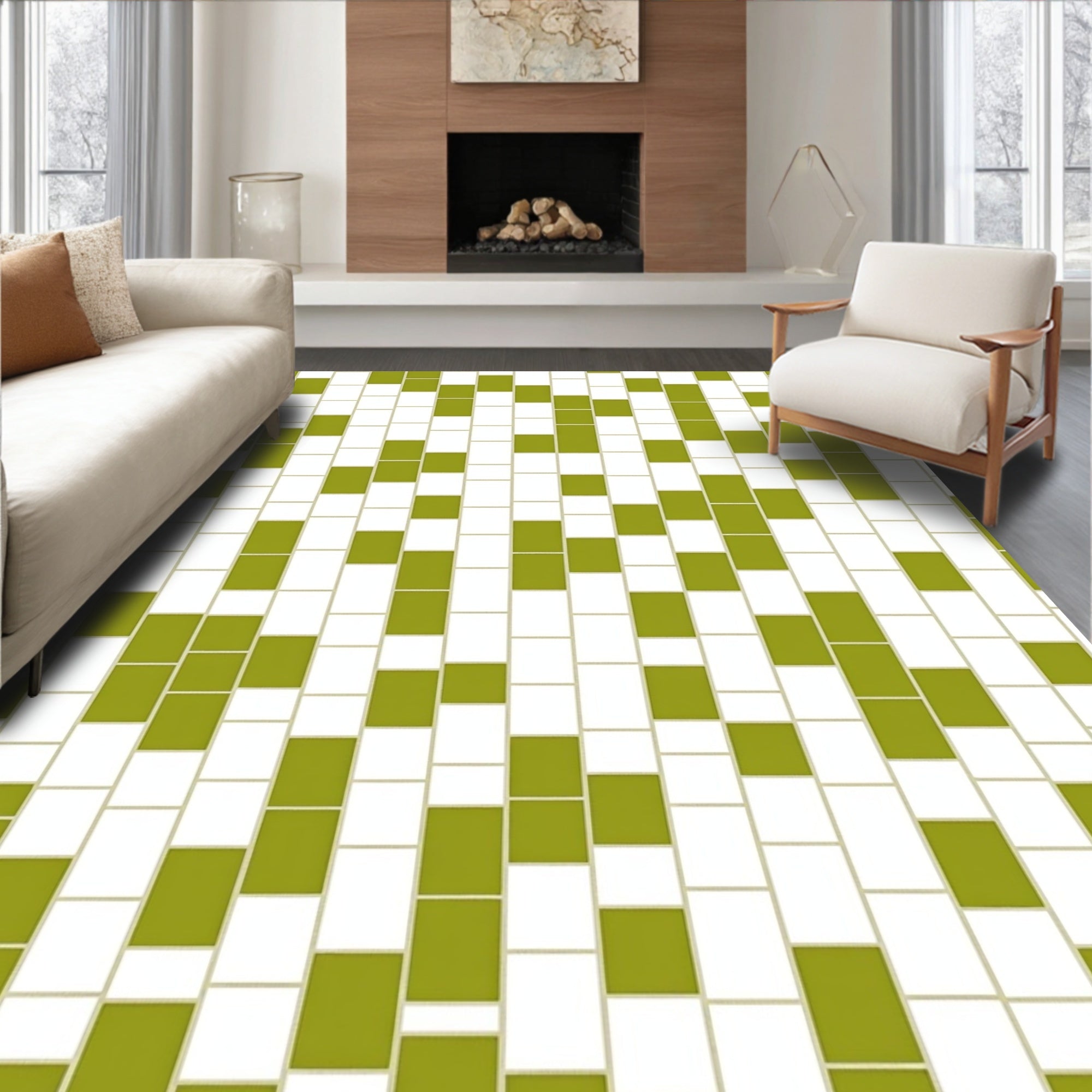 Olive White Rectangular Grid Rug