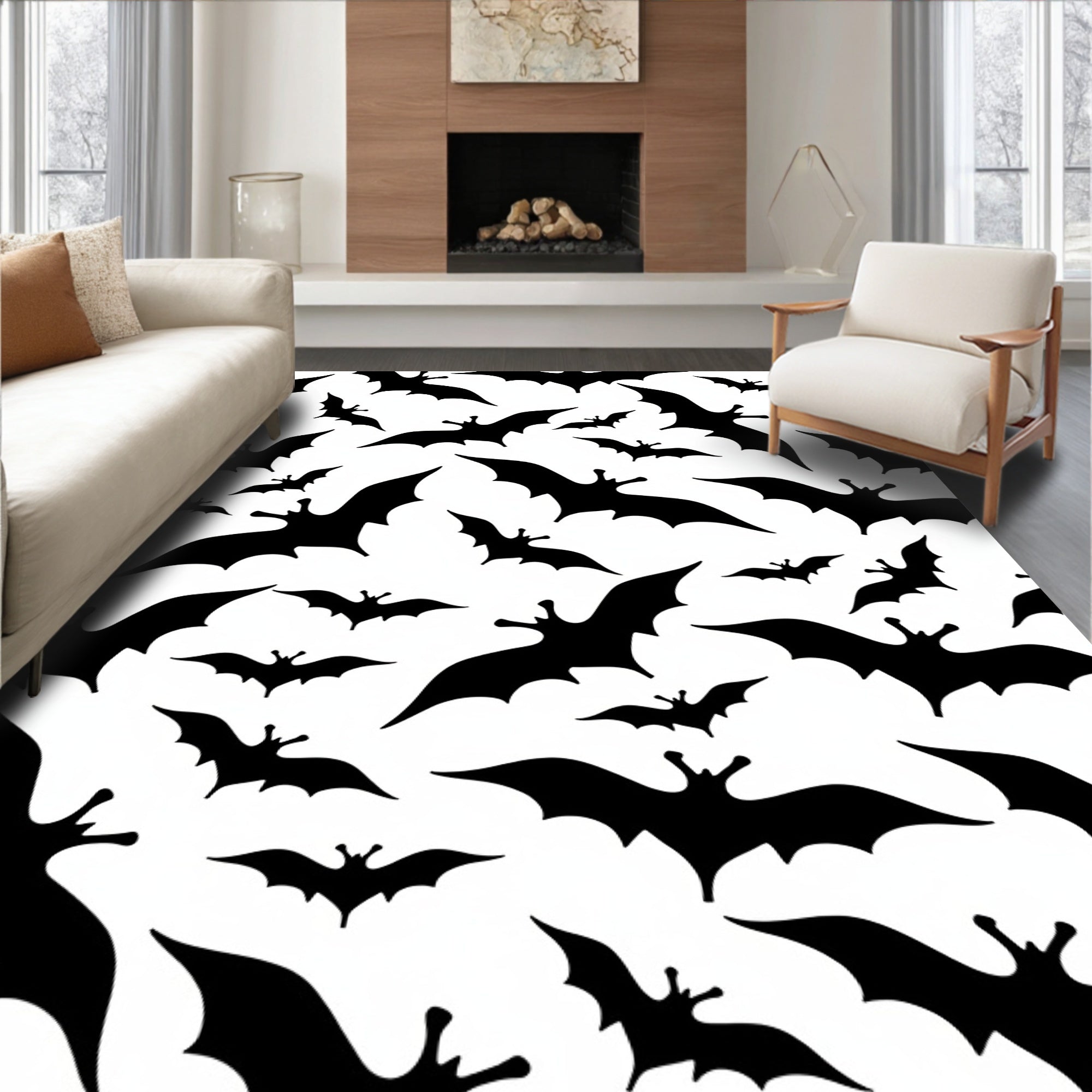 Scattered Black Bat Halloween Night Rug