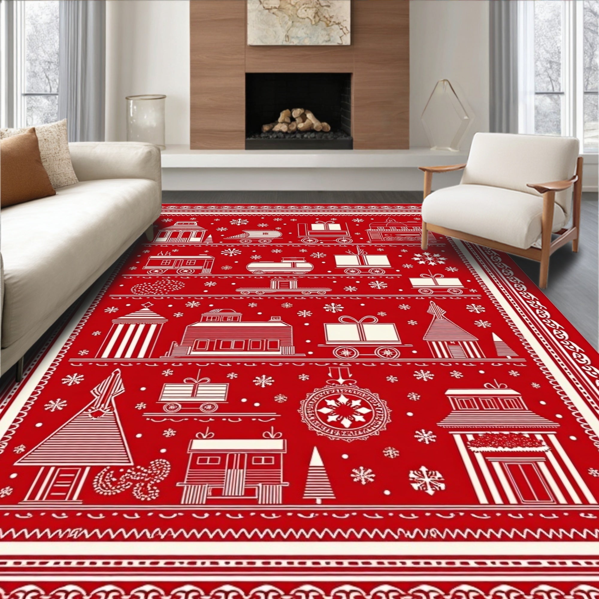 Red White Holiday Train Cottage Snowflakes Rug
