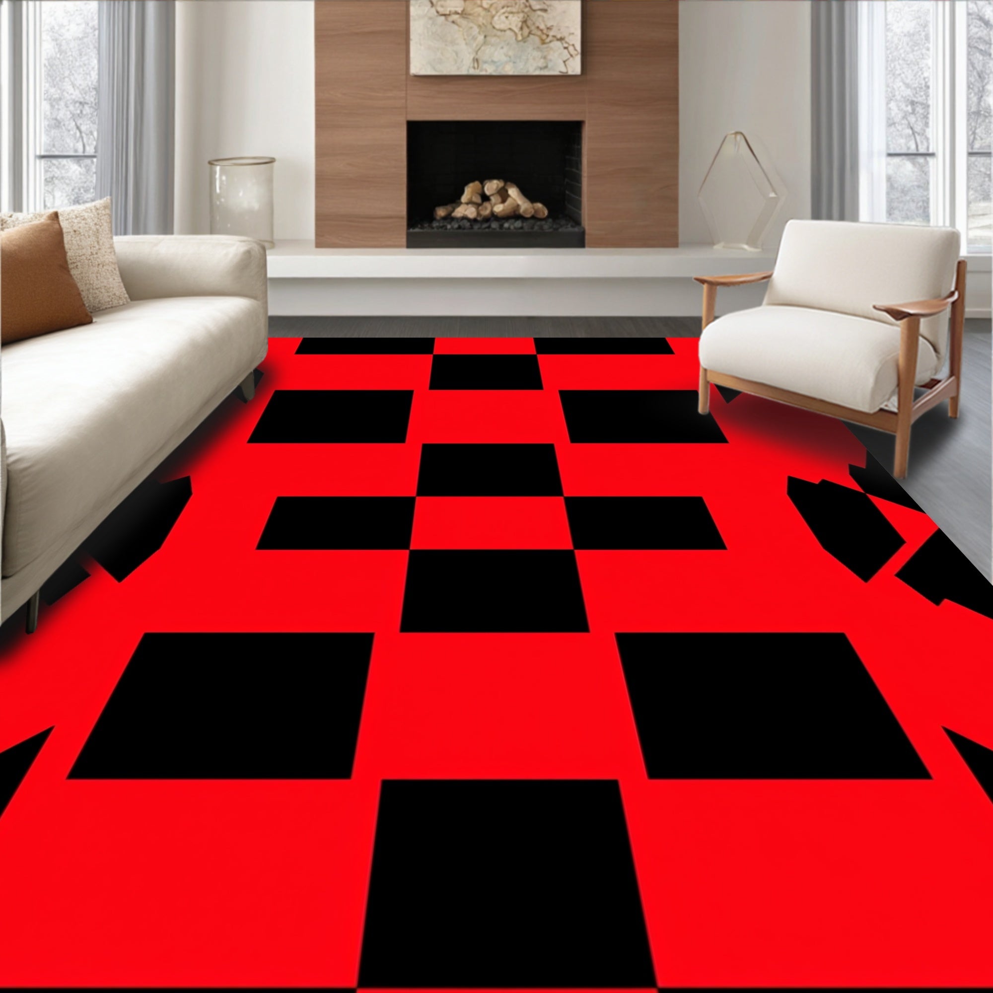 Bold Red Black Checkerboard Shapes Rug