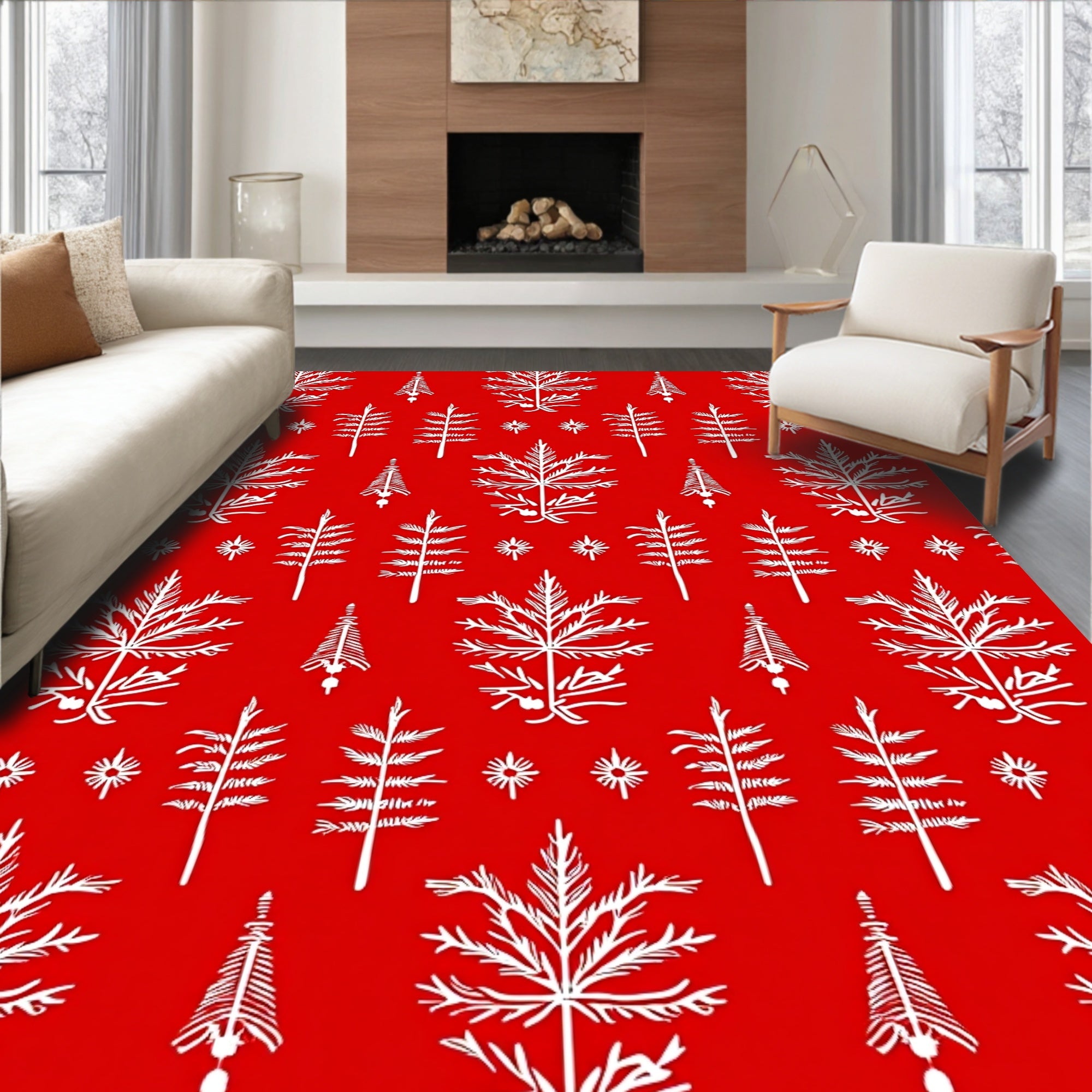 Classic Red White Fern Tree Repeats Rug