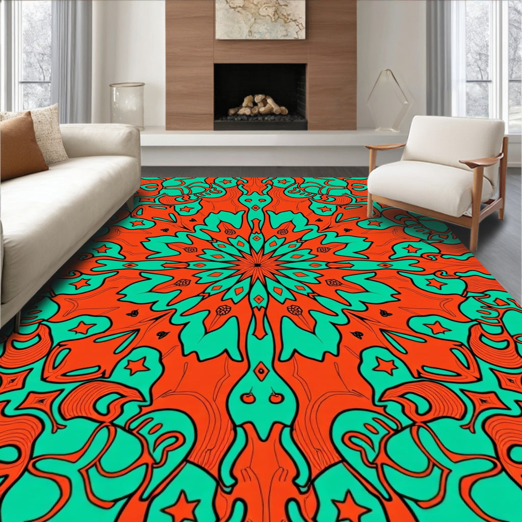 Orange Teal Fiery Floral Mandala Rug