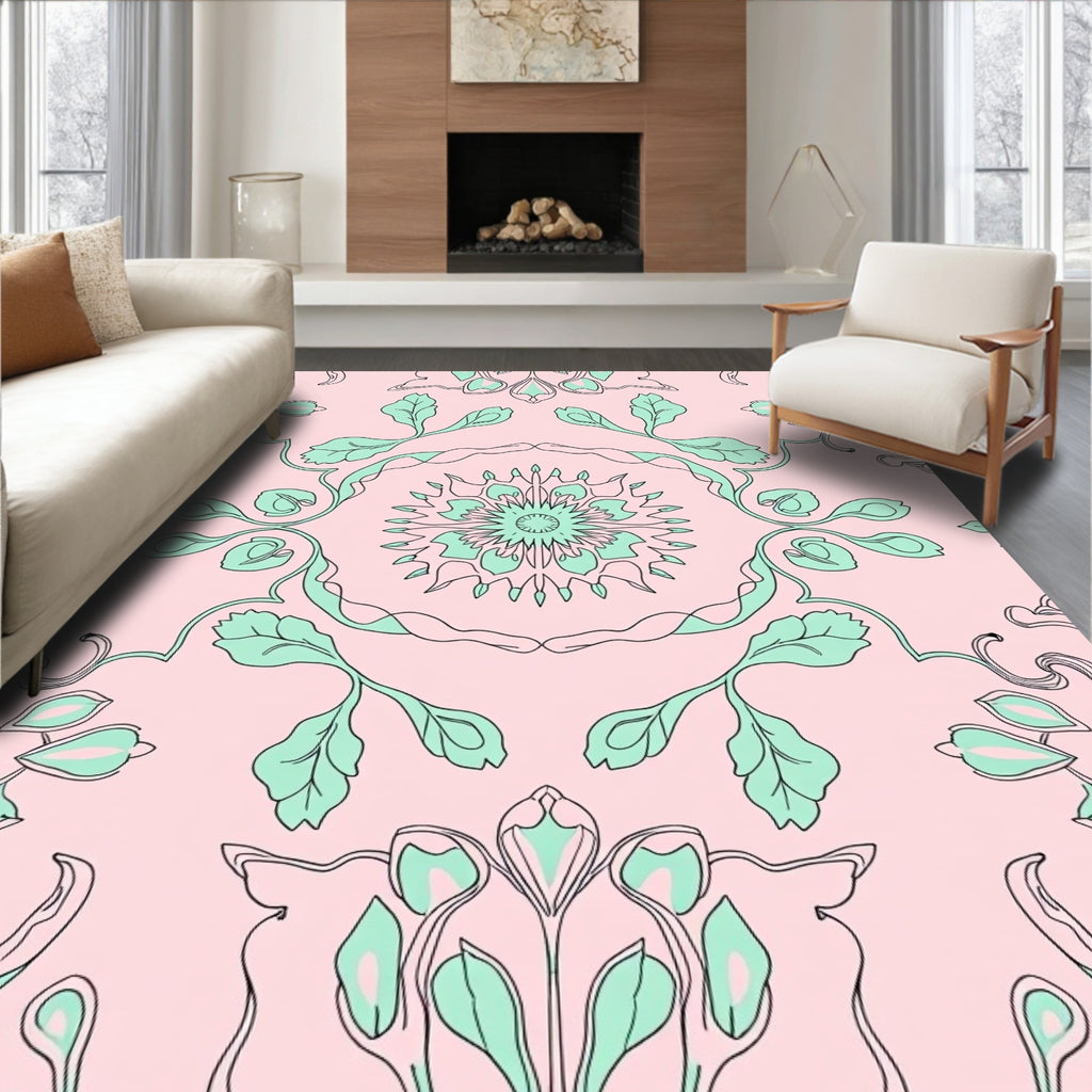 Pastel Pink Mint Floral Medallion Rug