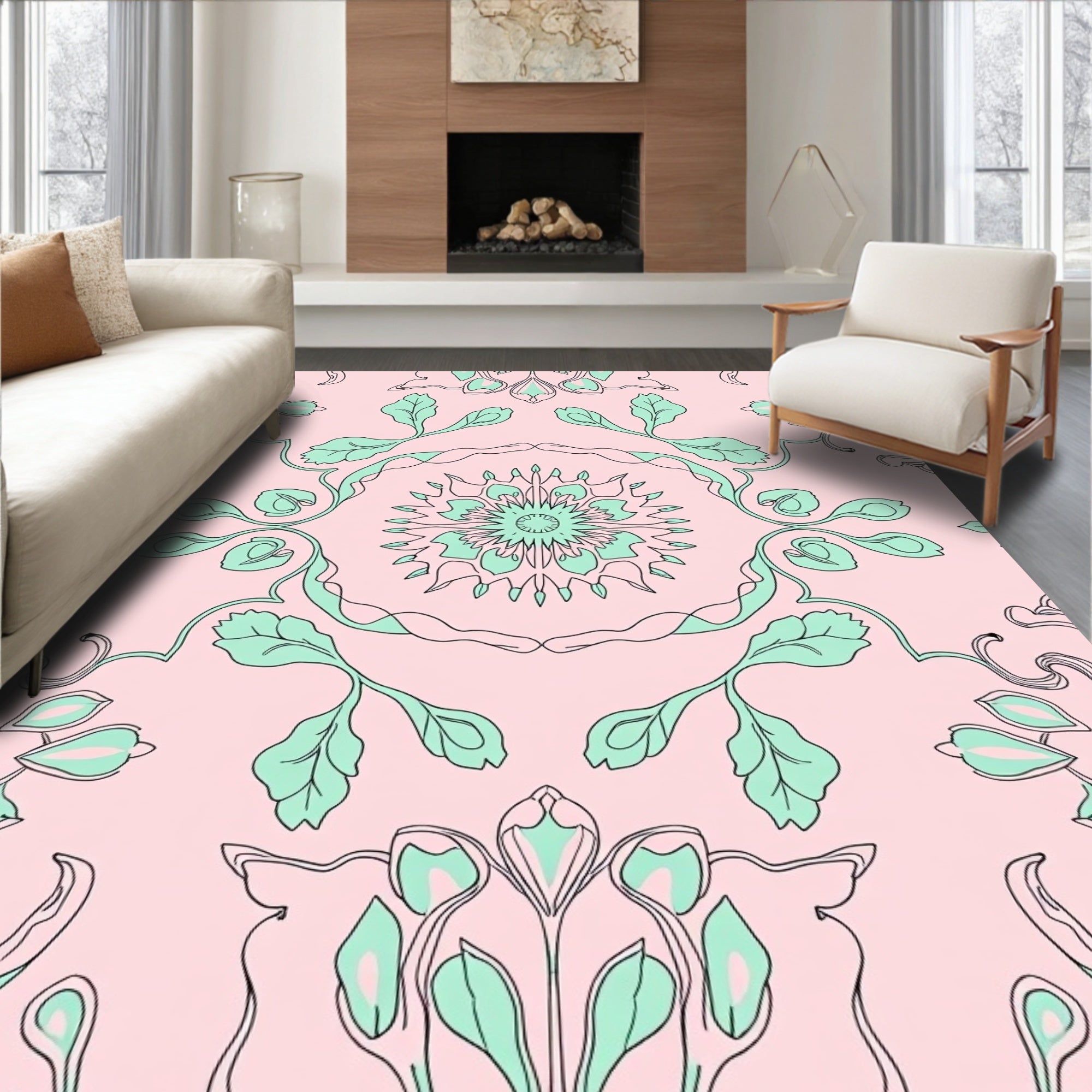 Pastel Pink Mint Floral Medallion Rug