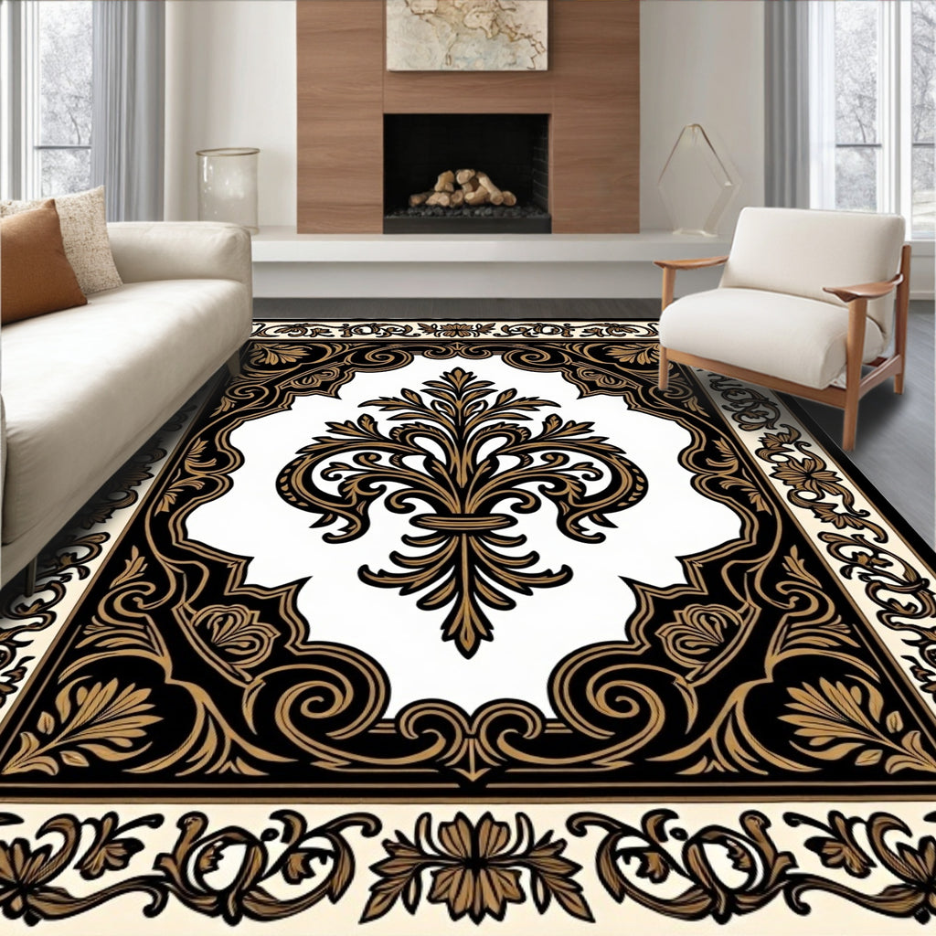 Elegant Black Gold Fleur-de-lis Medallion Rug