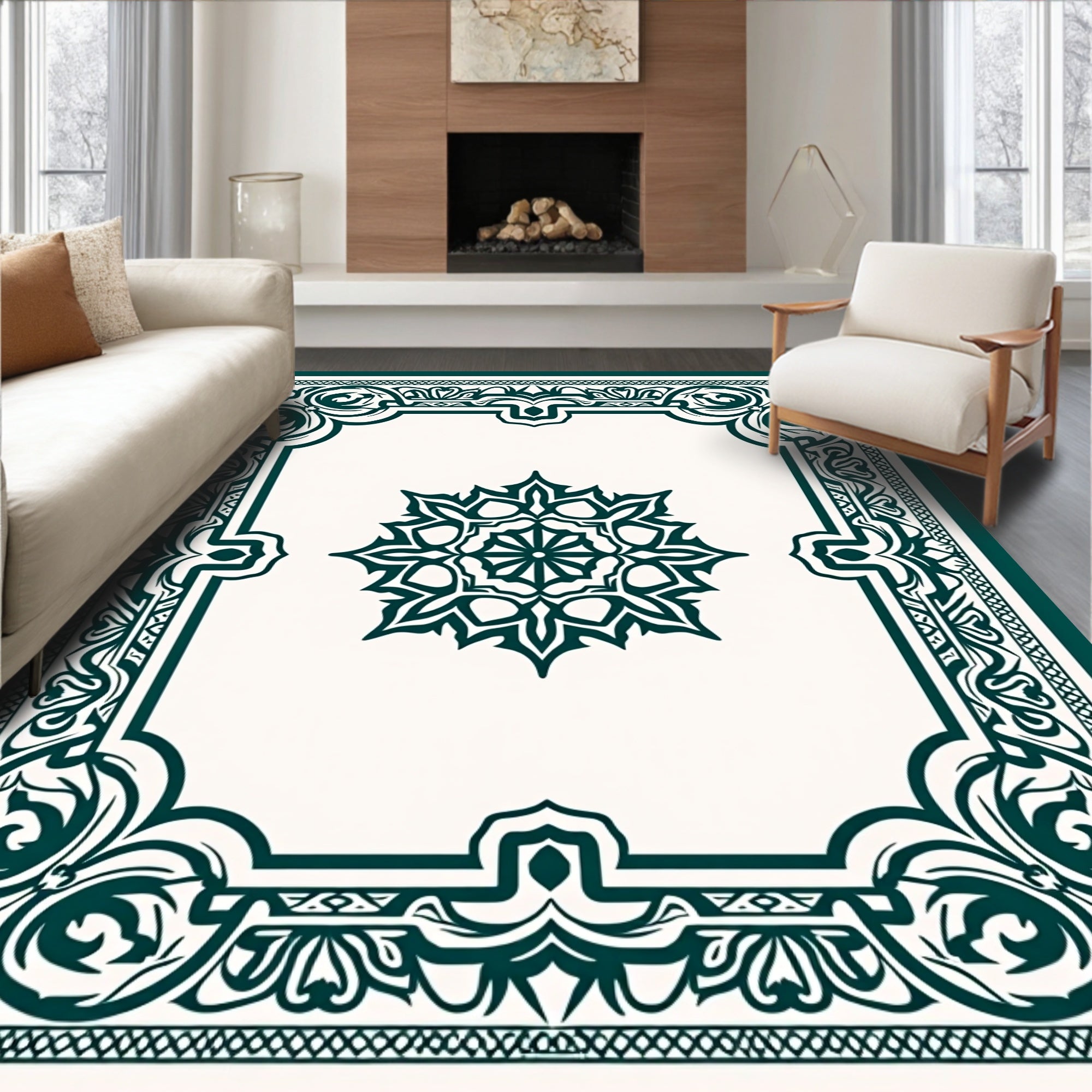 Emerald Green Ornate Frame Medallion Rug