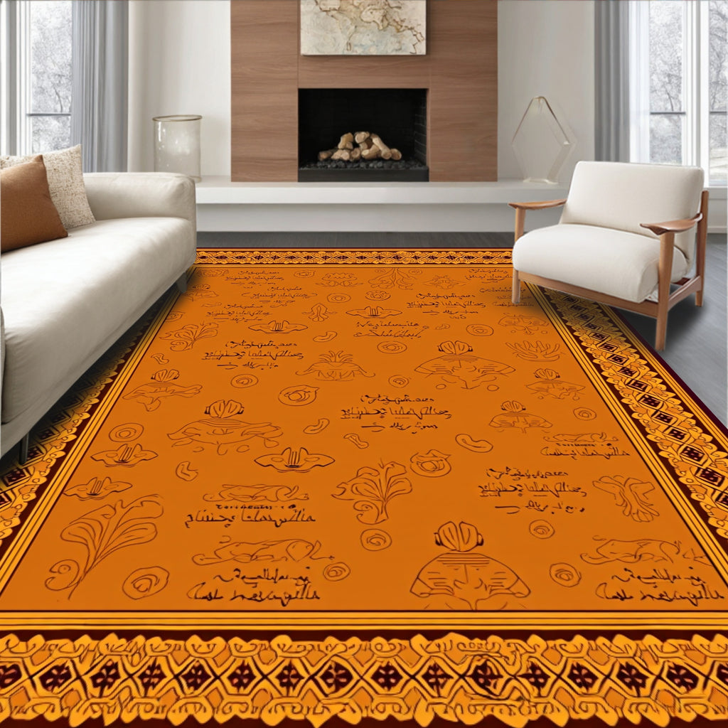 Orange Ochre Line Art Botanical Rug