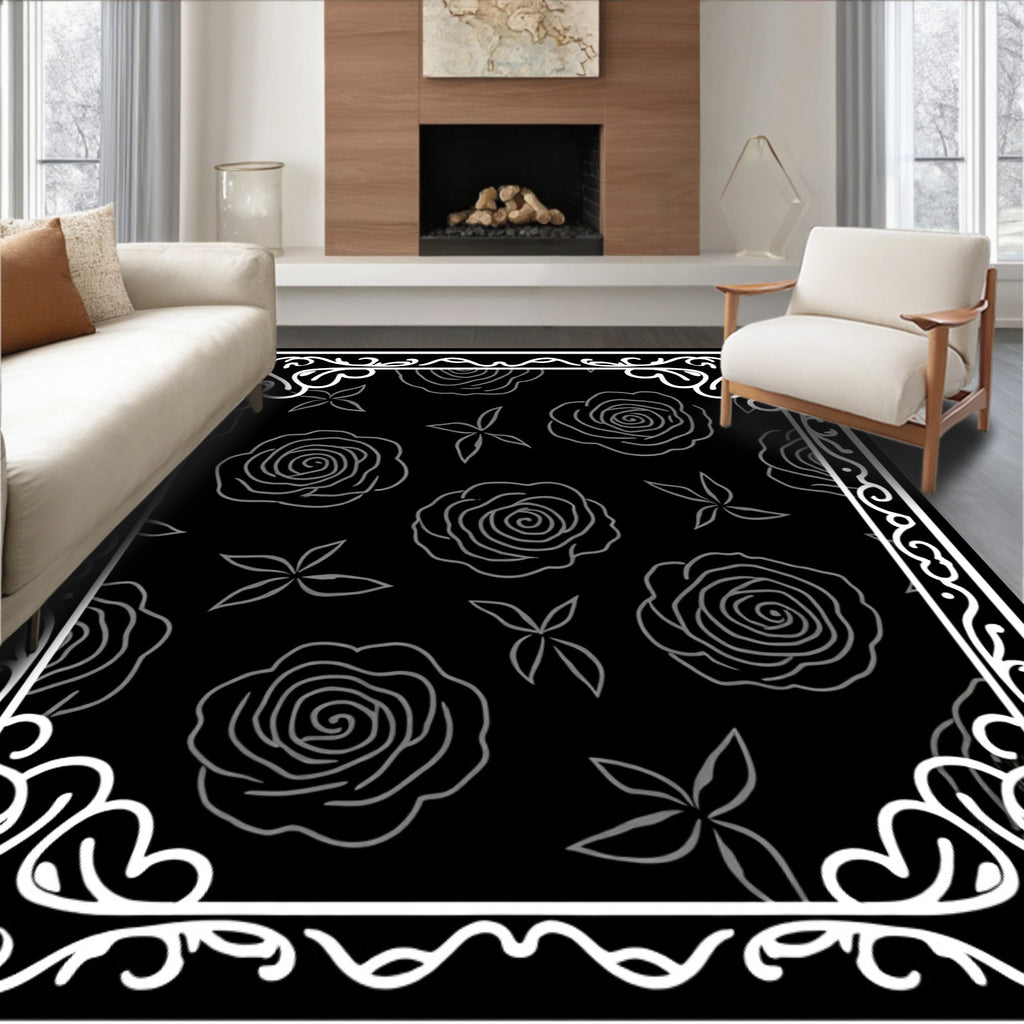 Monochromatic Black Rose Floral Frame Rug