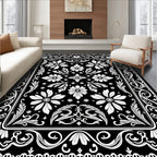 Black White Floral Scroll Medallion Accent Rug