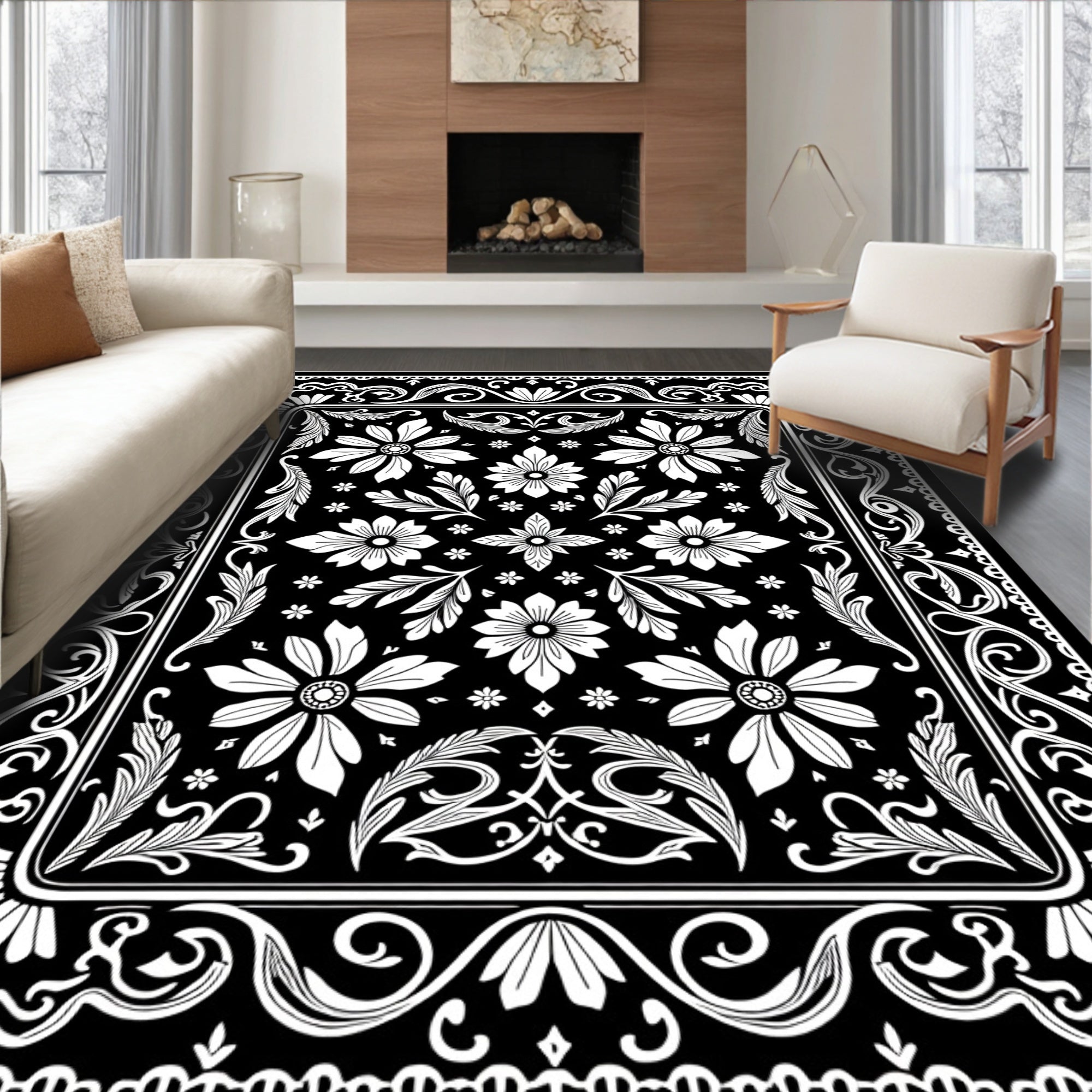 Black White Floral Scroll Medallion Accent Rug