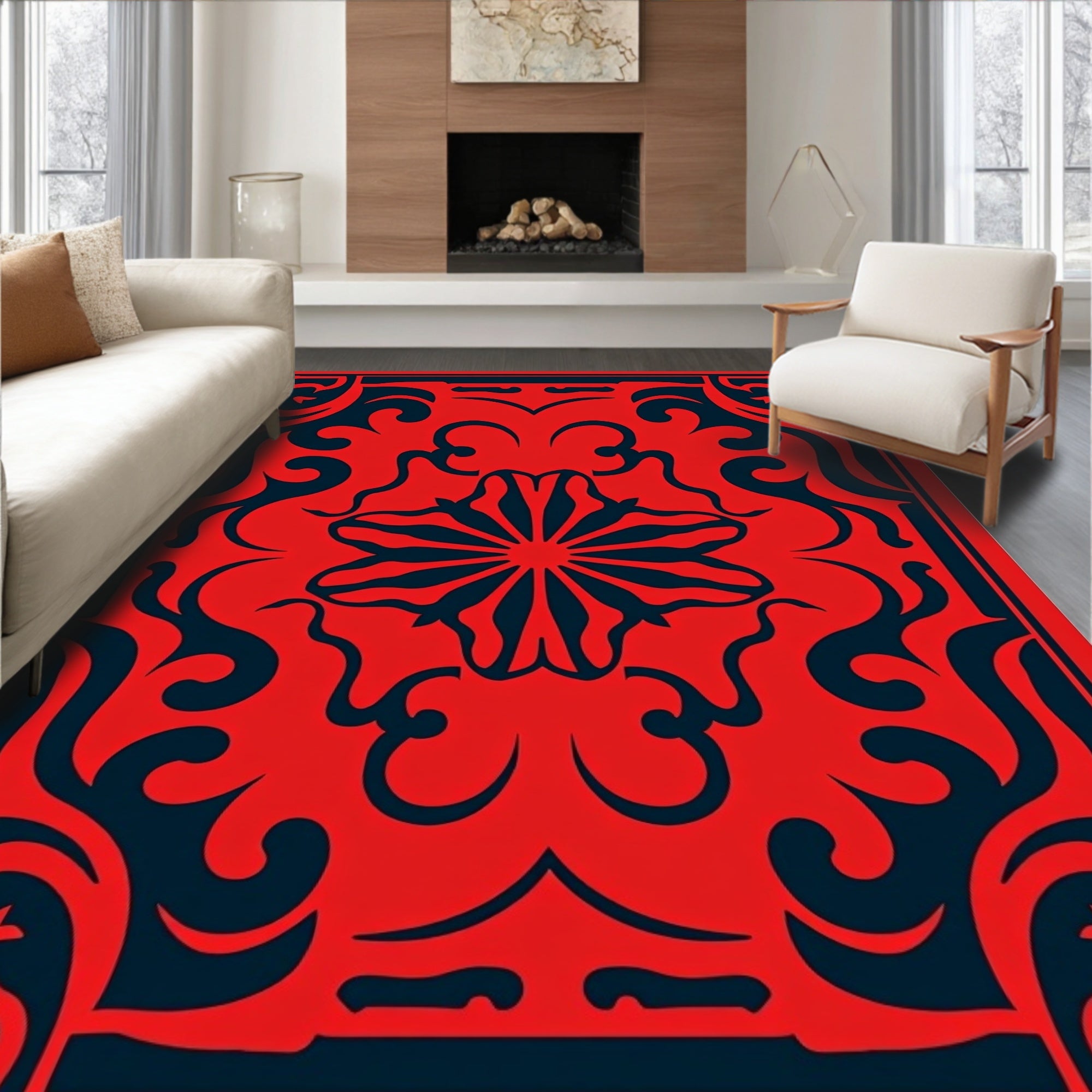 Crimson Floral Scrollwork Medallion Rug