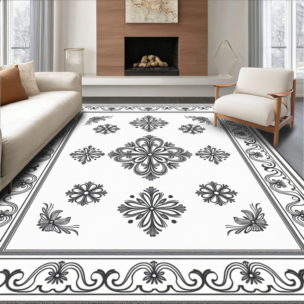 Classic Black White Floral Medallion Border Rug