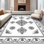 Classic Black White Floral Medallion Border Rug