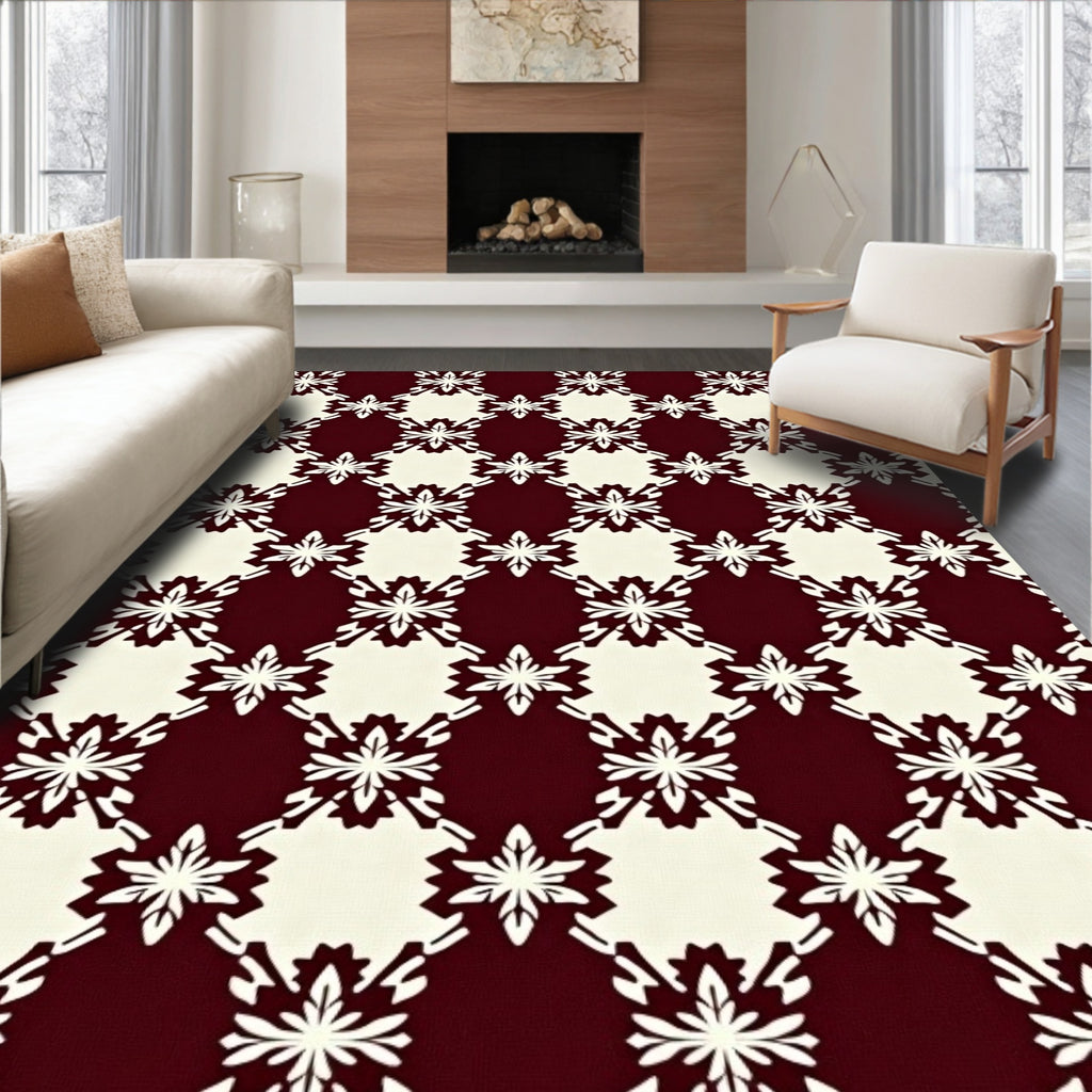 Maroon Ivory Geometric Starburst Grid Rug