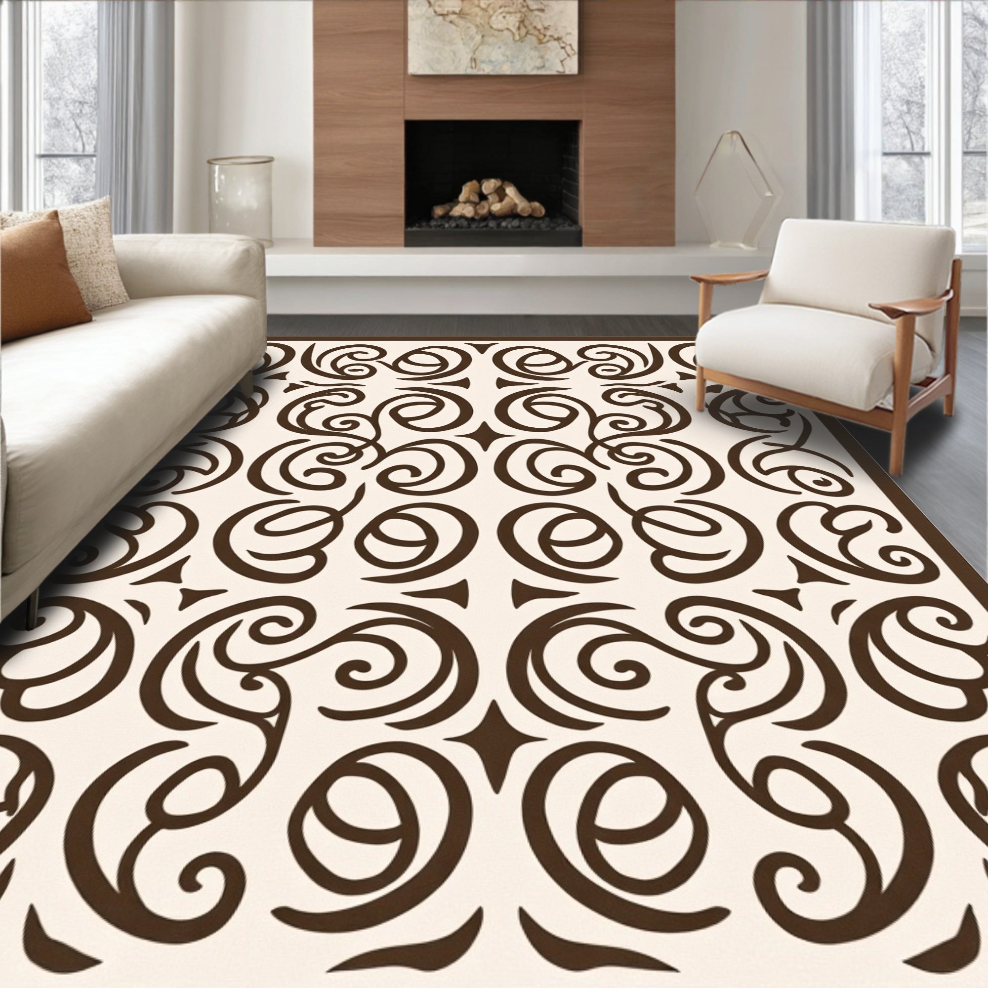 Rich Brown Scroll Vine Overlay Rug
