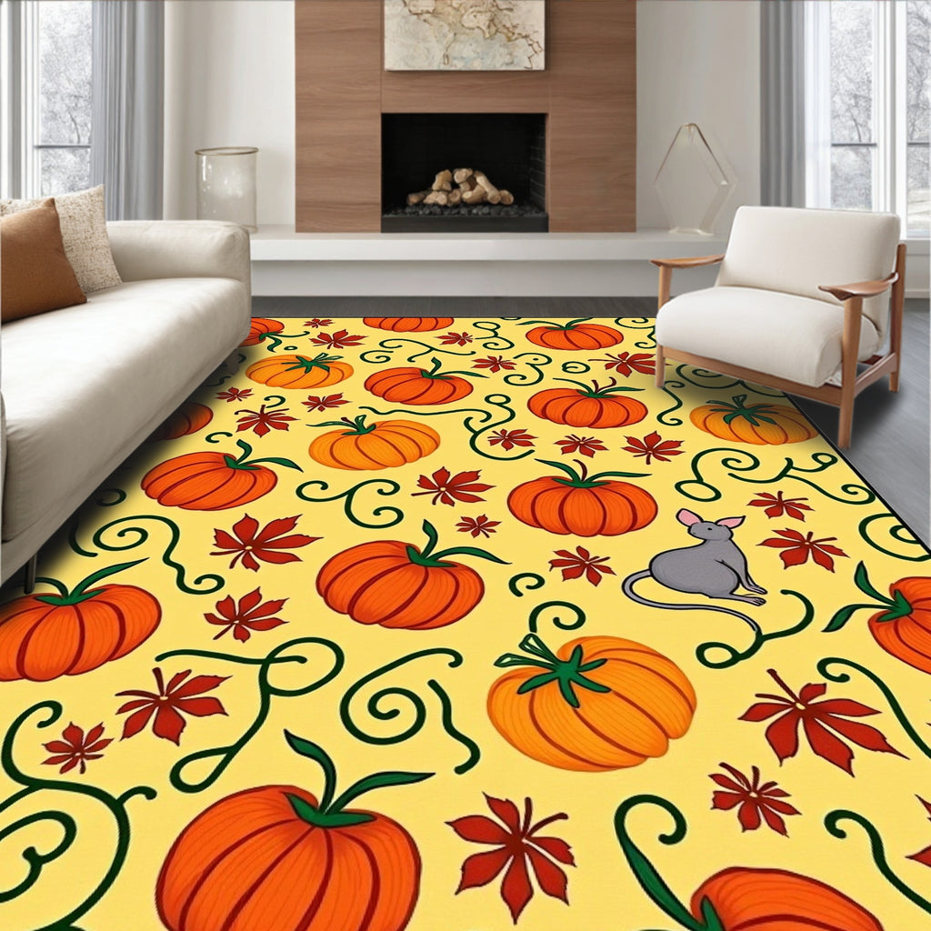 Autumn Harvest Pumpkin Leaf Swirls Rug