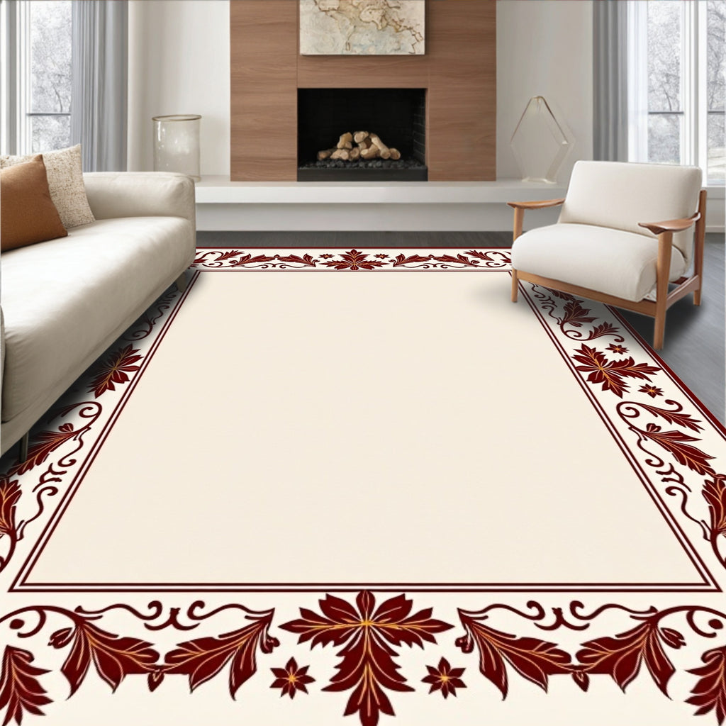 Ornate Burgundy Floral Border Rug