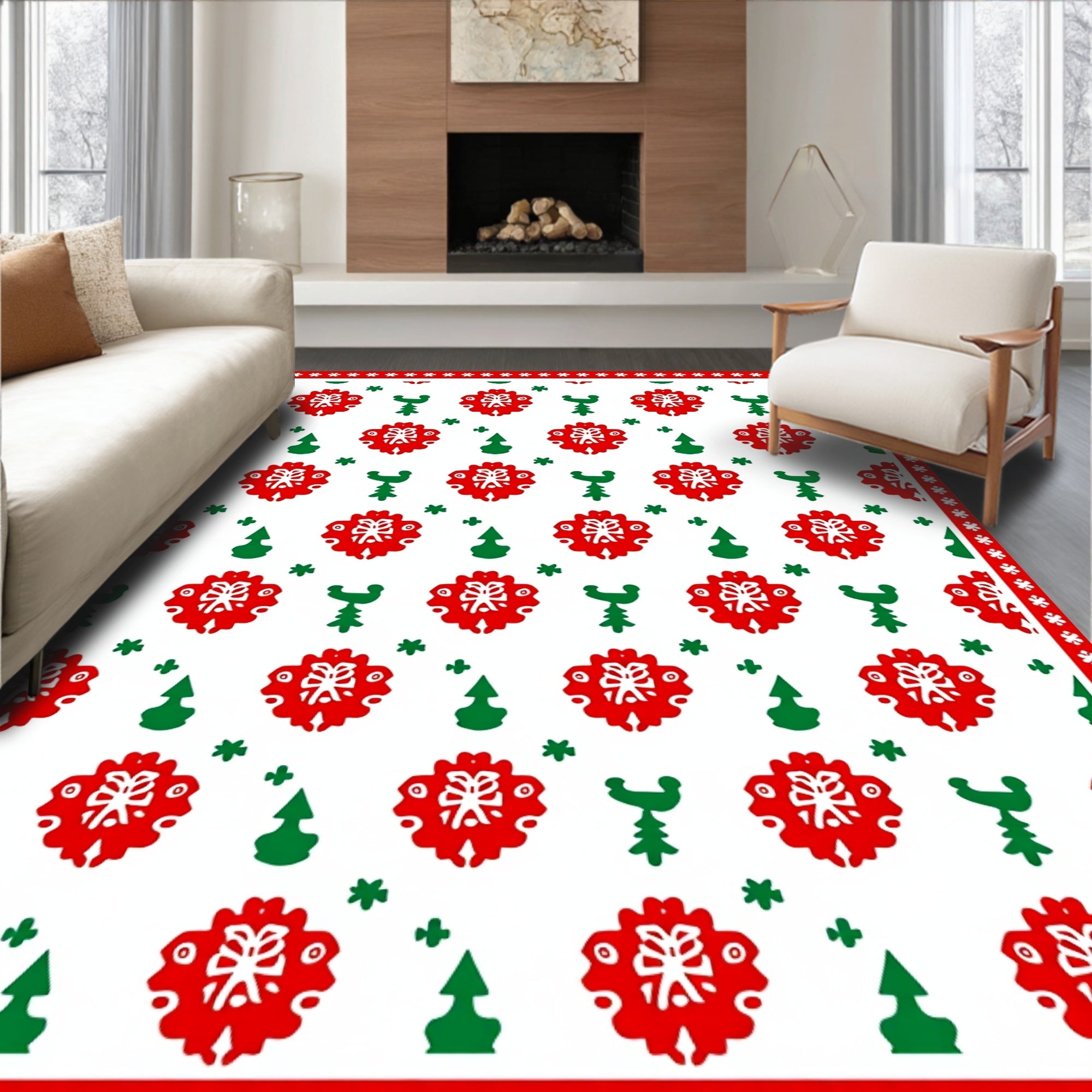 Red Green Festive Folk Art Rug