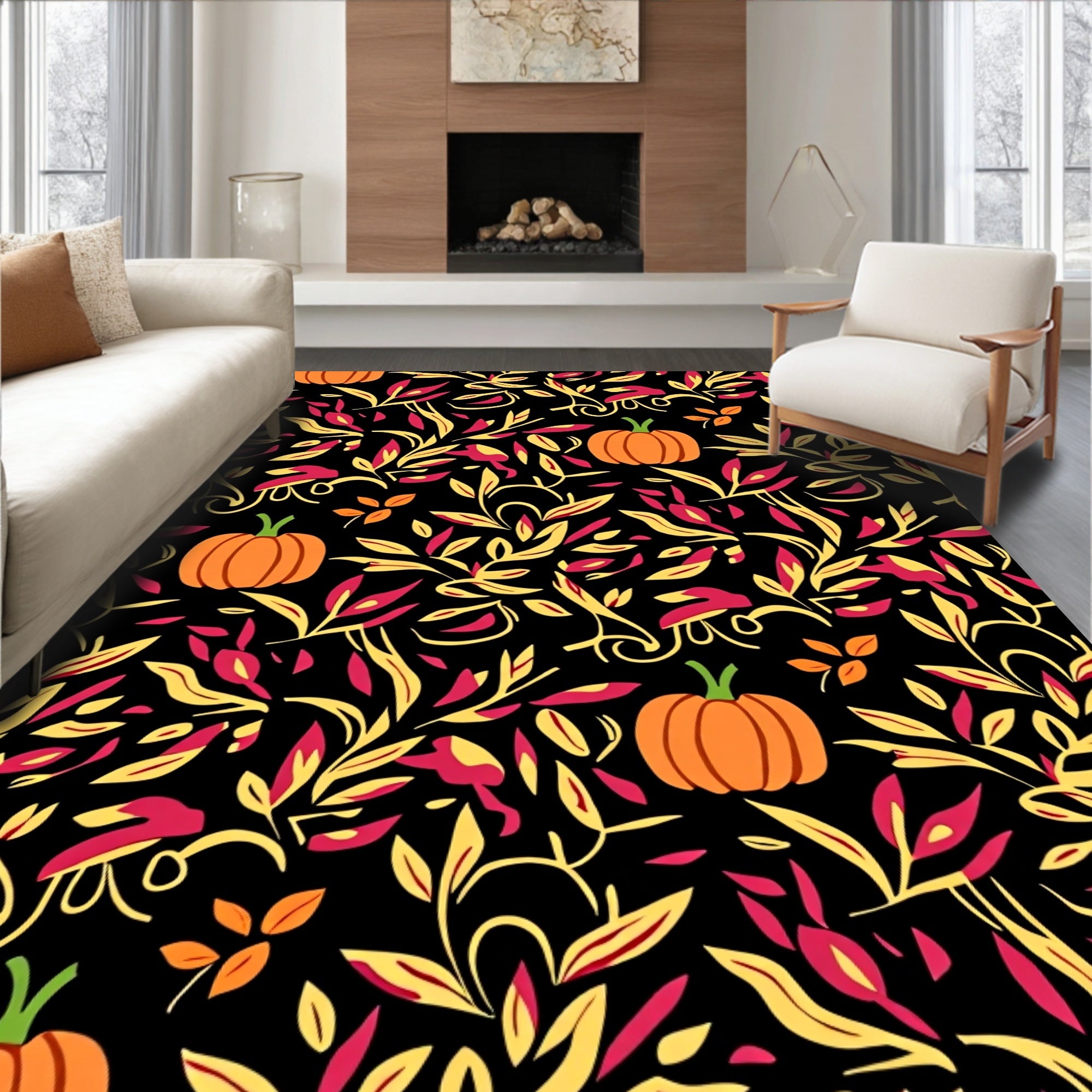 Autumn Pumpkin Floral Swirl Rug
