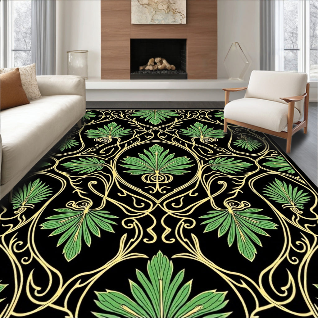 Art Nouveau Green Leaf Swirl Black Rug