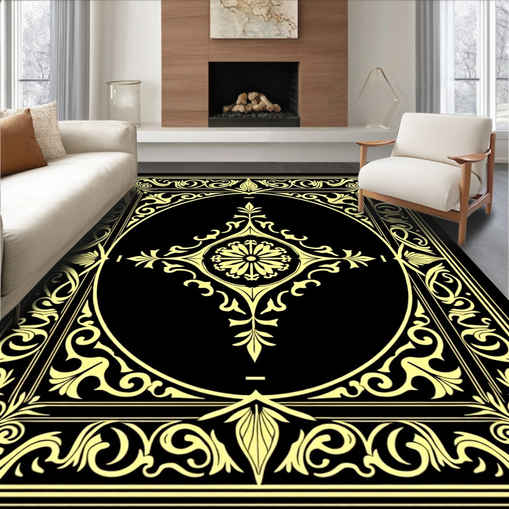 Golden Floral Scroll Medallion Black Rug
