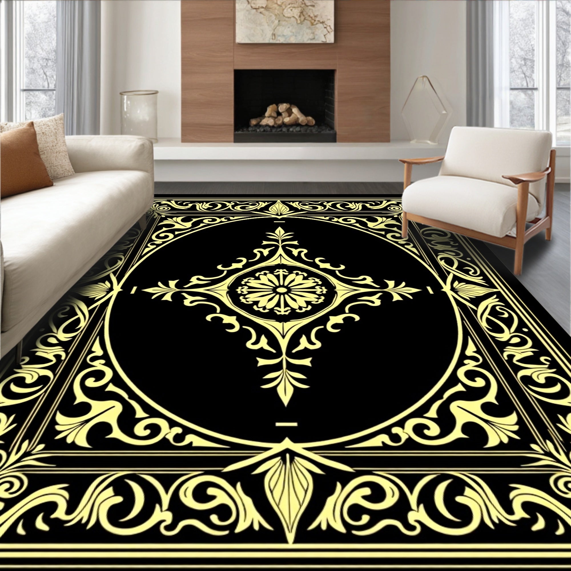 Golden Floral Scroll Medallion Black Rug