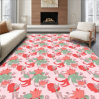Coral Green Floral Blossom Arrangement Rug