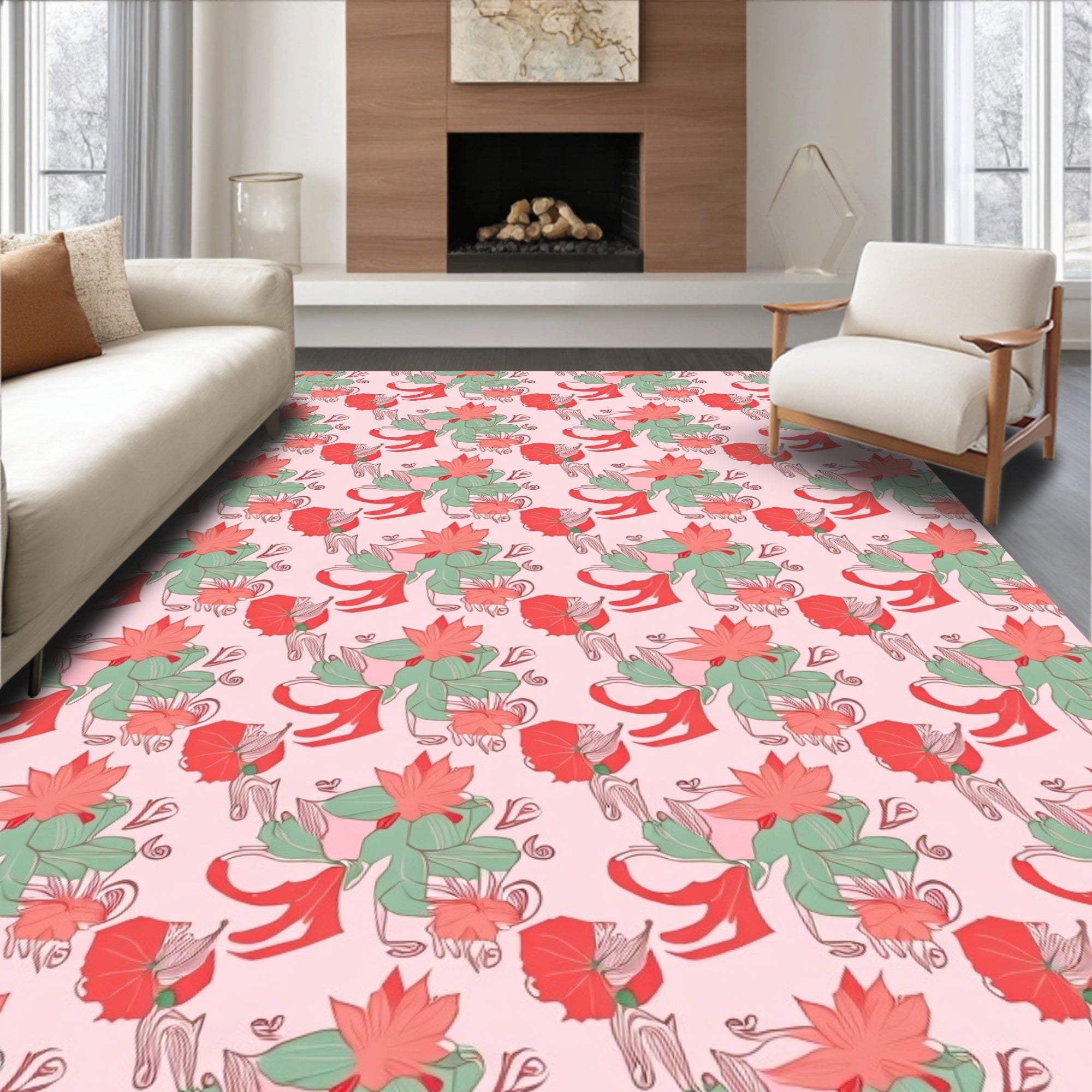 Coral Green Floral Blossom Arrangement Rug