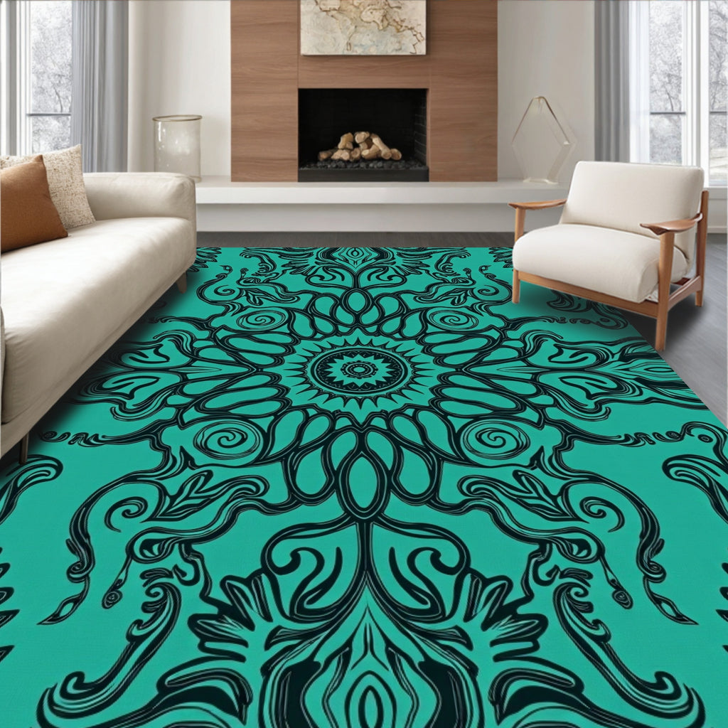Teal Black Medallion Swirl Rug