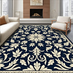 Deep Navy Cream Floral Scroll Medallion Rug