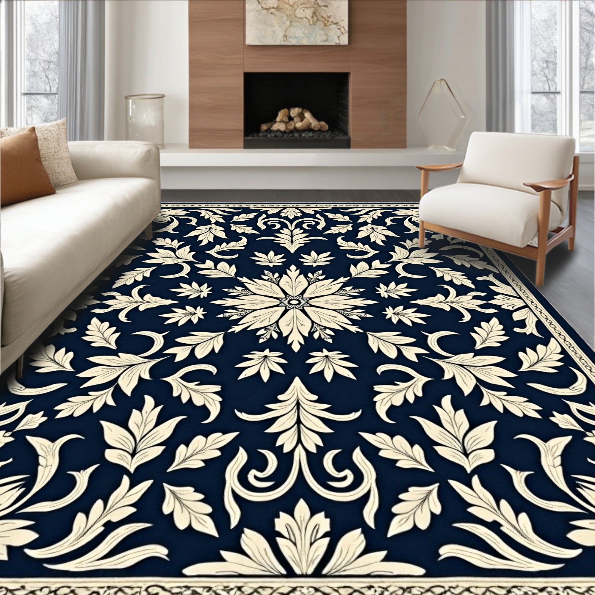 Deep Navy Cream Floral Scroll Medallion Rug