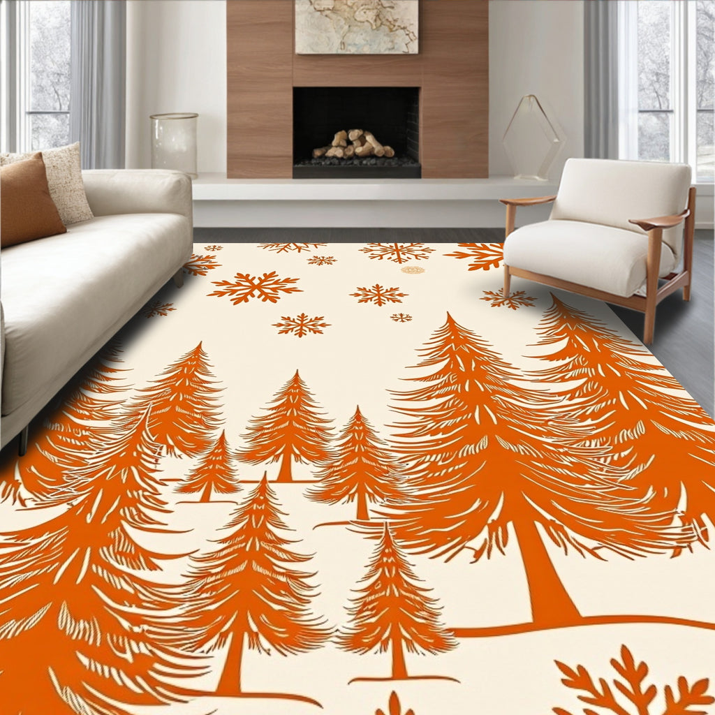 Orange Pine Forest Snowflakes Rug