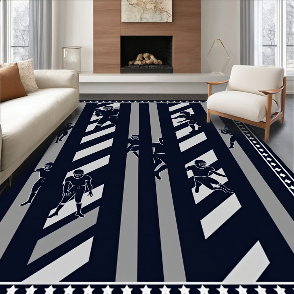 Dark Blue Gray Football Player Stripes Rug