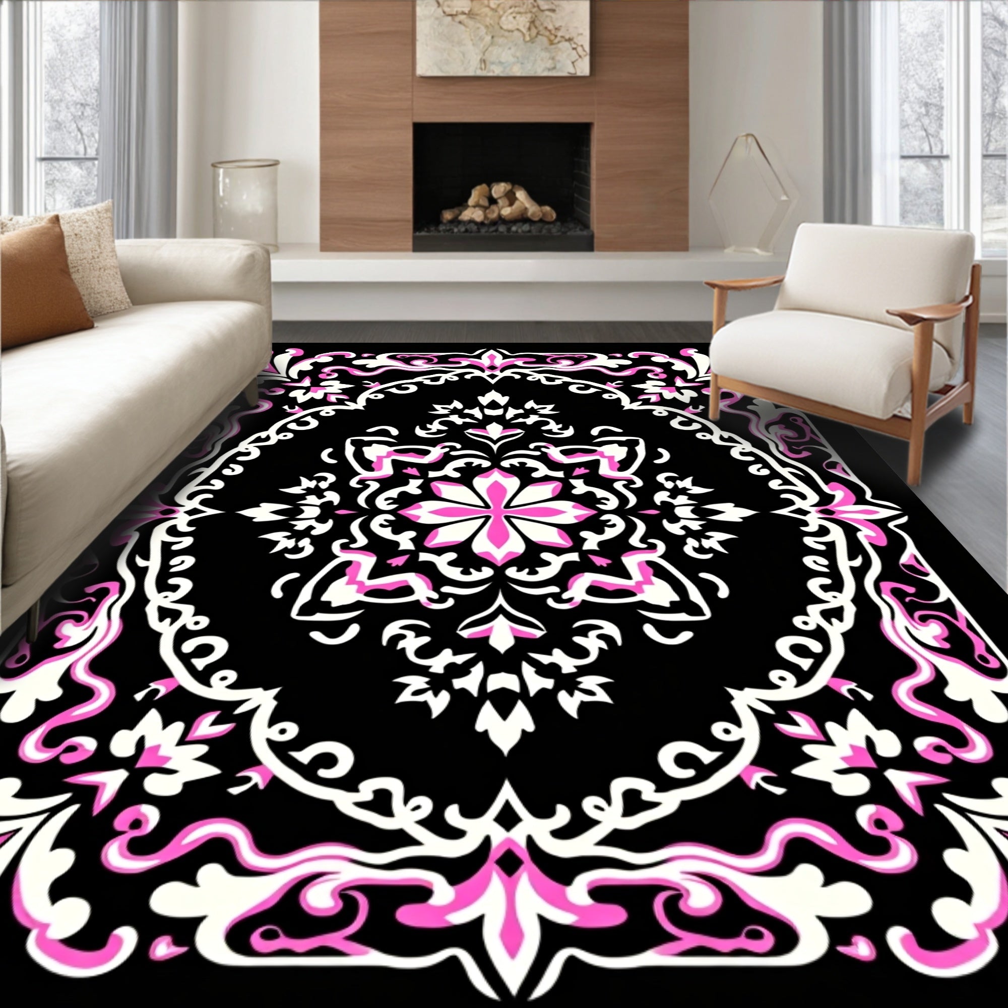 Ornate Pink and White Floral Medallion Rug