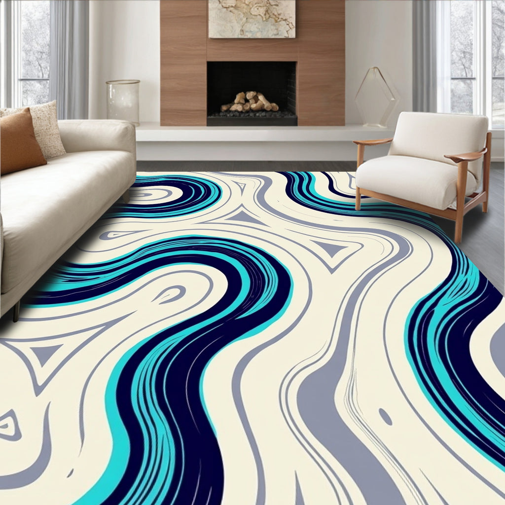 Bold Navy Teal Flowing Wave Rug