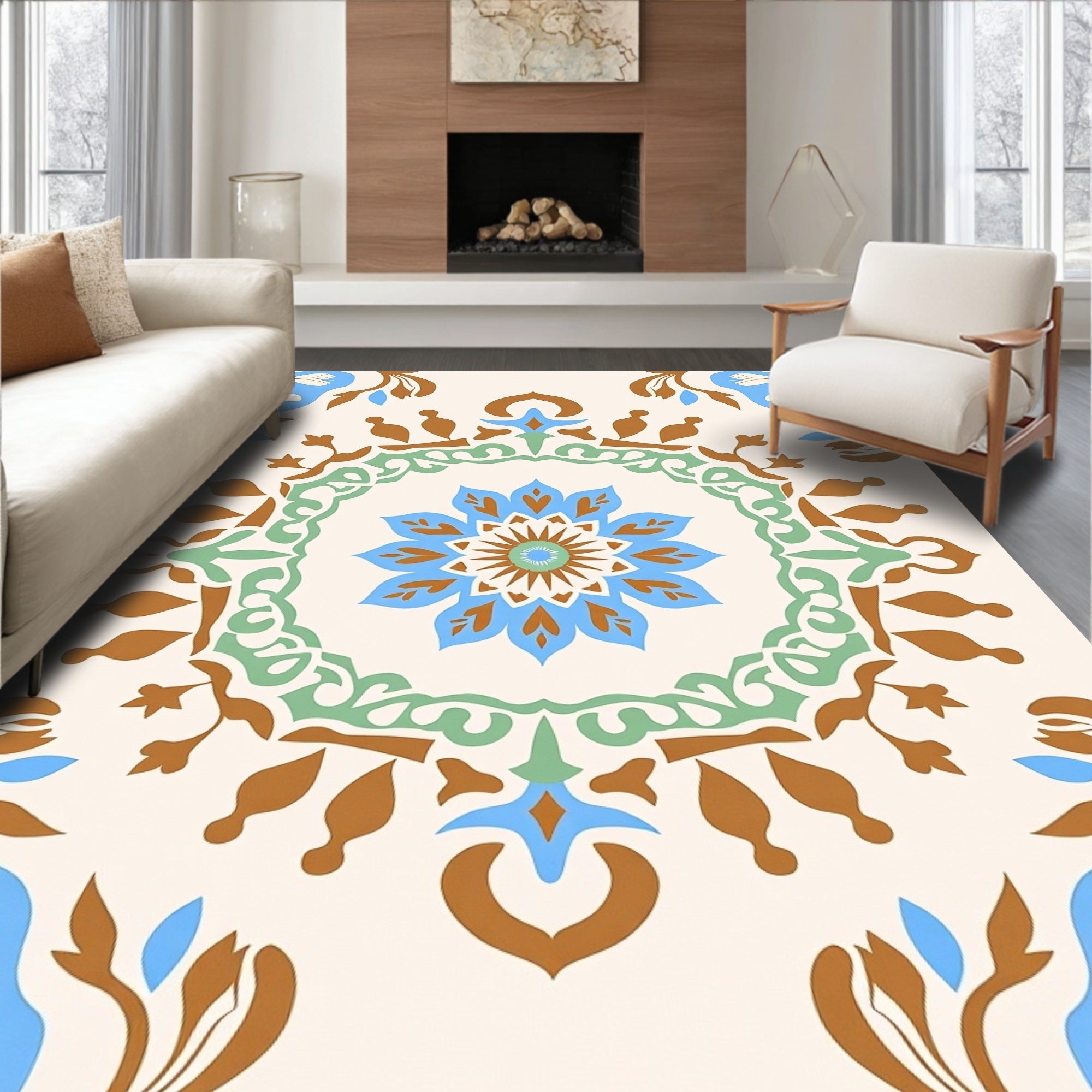 Ivory Blue Floral Medallion Brown Accents Rug