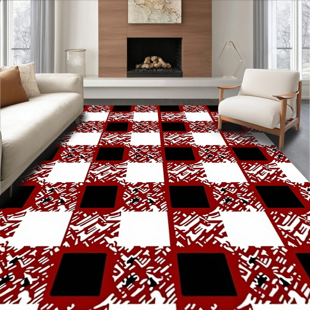 Red White Black Checkered Abstract Squares Rug