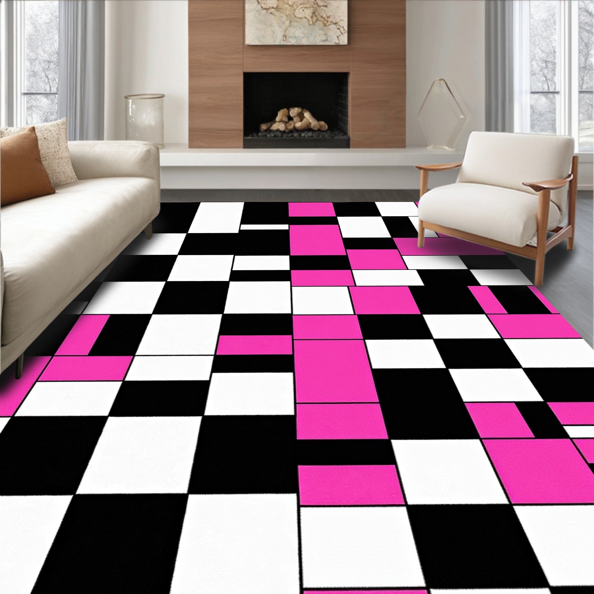 Bold Pink White Black Geometric Abstraction Rug