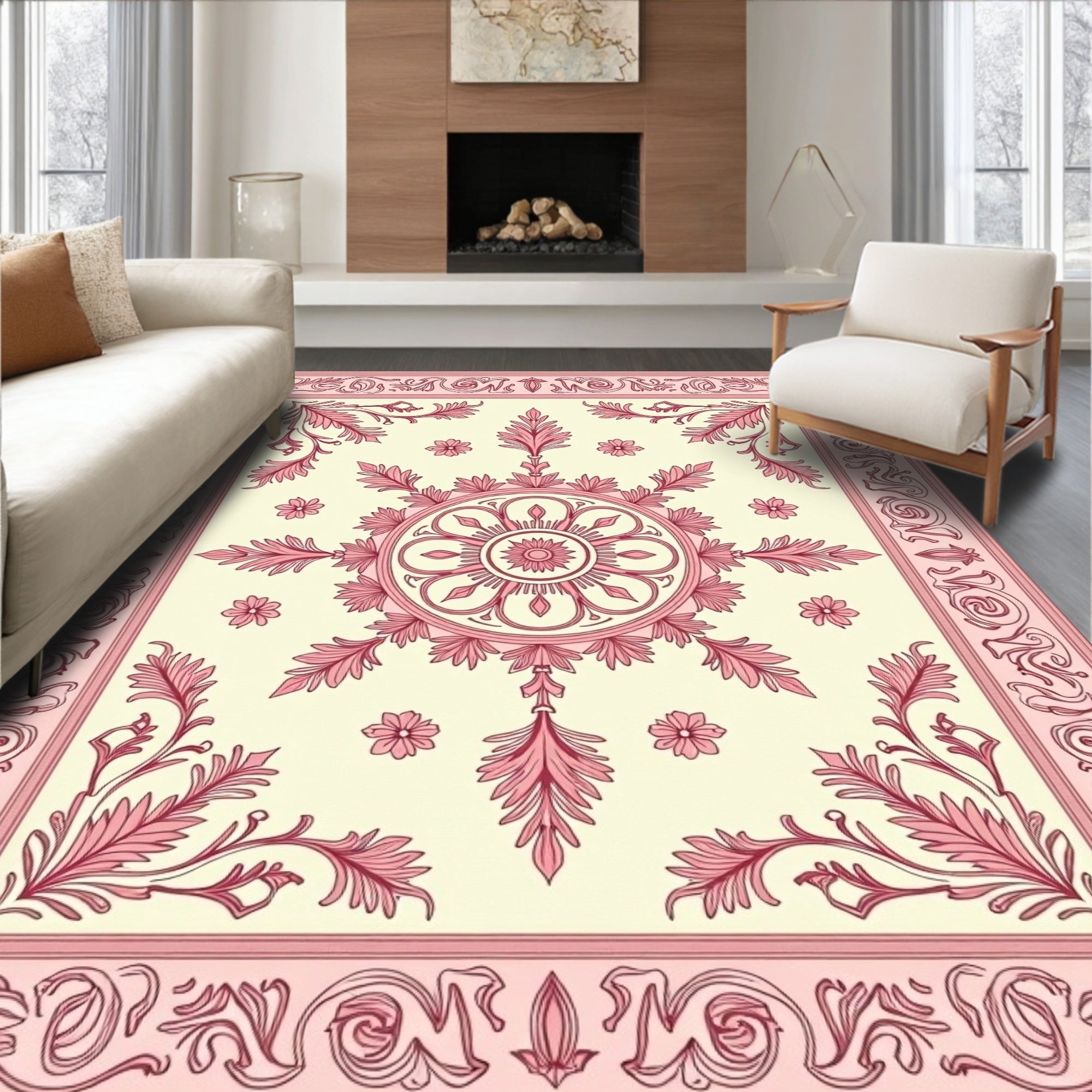 Traditional Pink Floral Medallion Cream Rug
