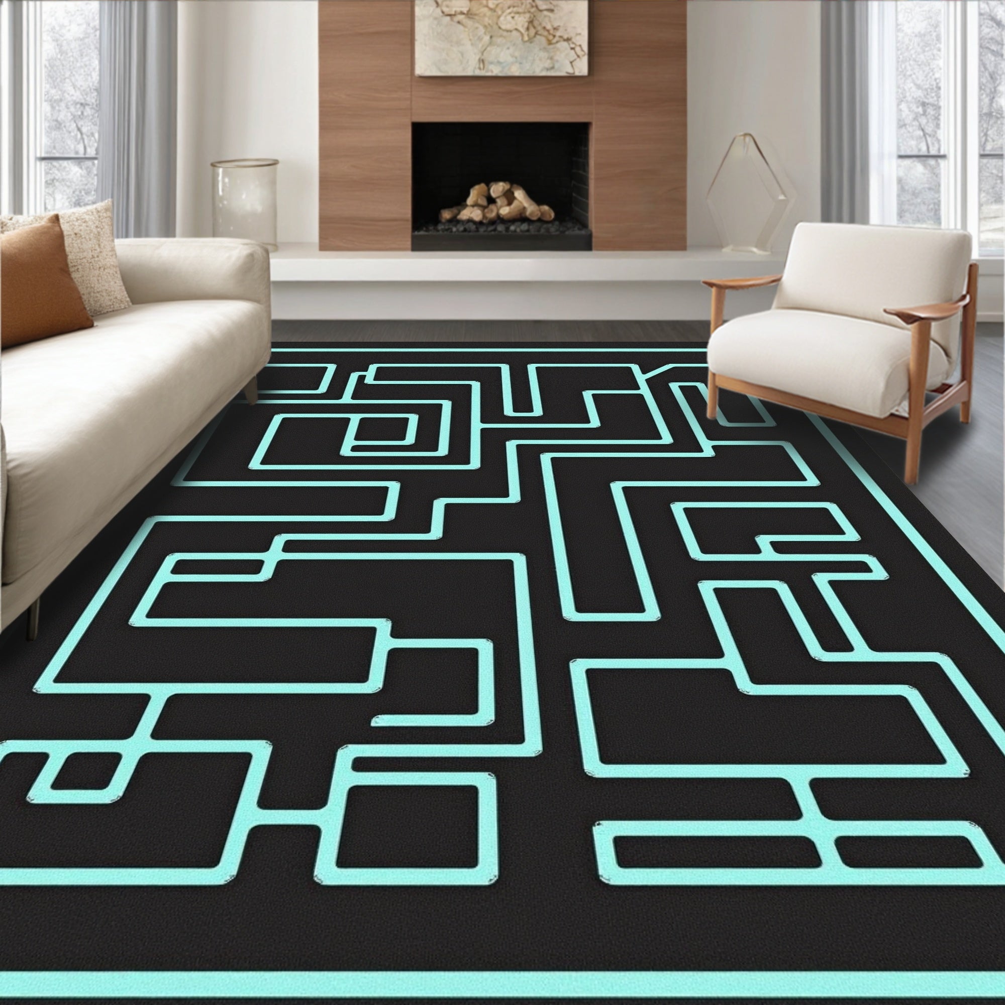 Turquoise Maze Linear Black Rug