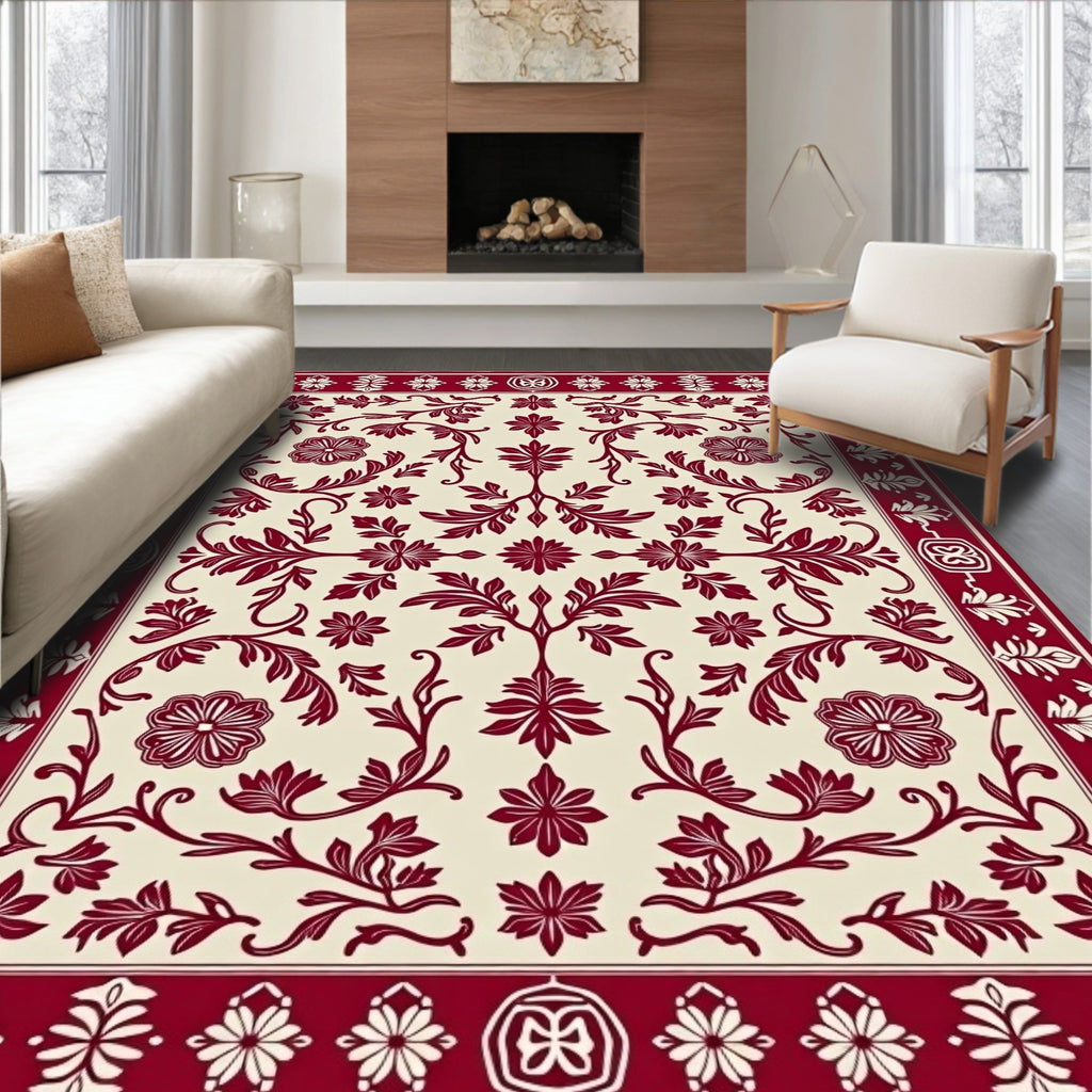 Crimson Floral Vine Medallion Rug
