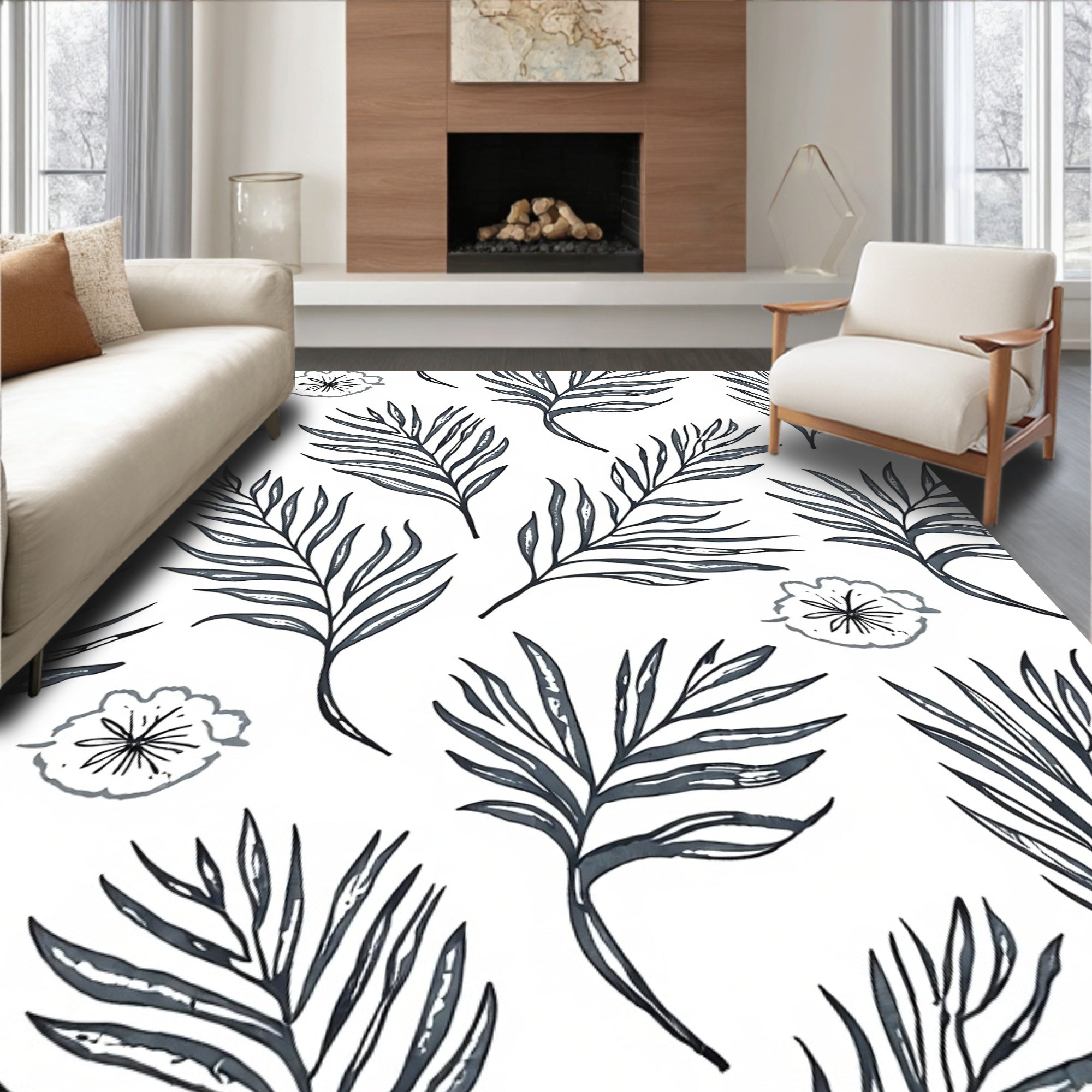 Dark Slate Palm Frond Floral Rug