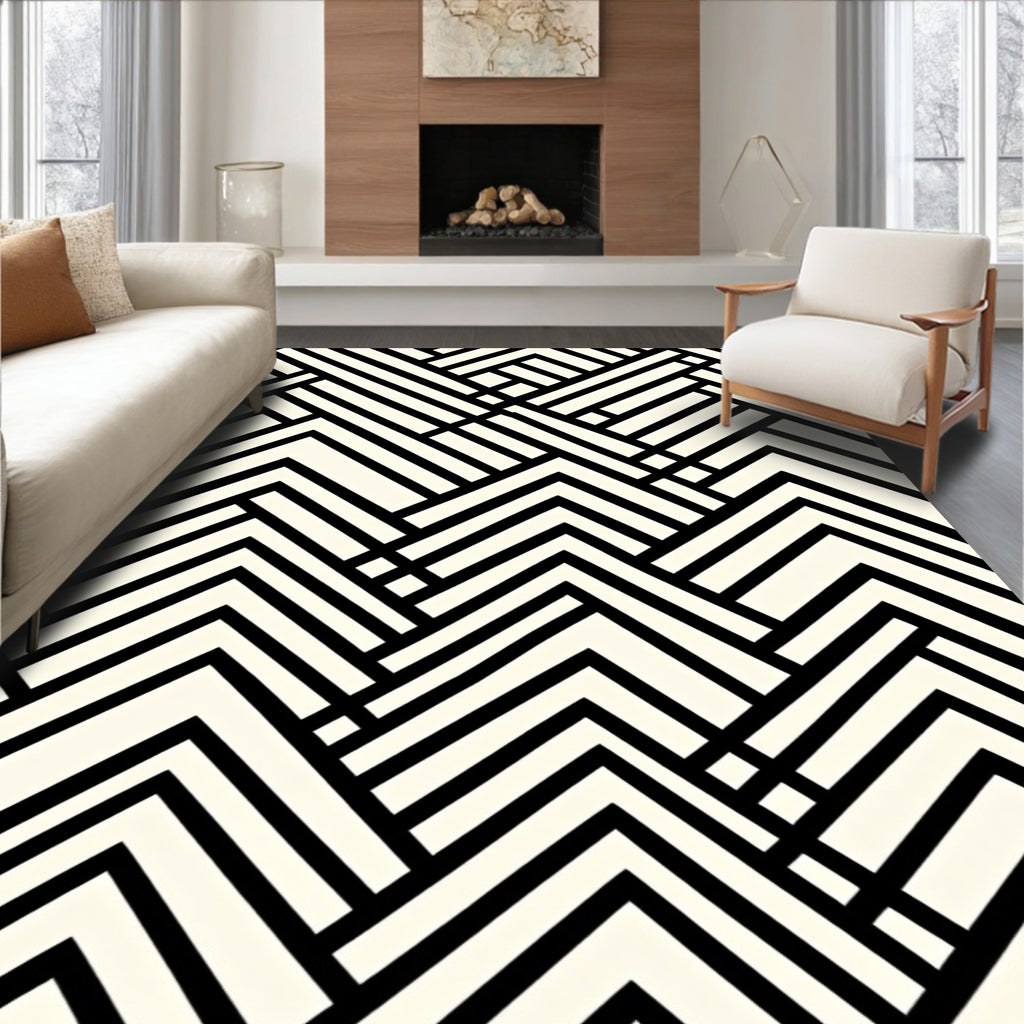 Black Ivory Interlocking Chevron Geometric Rug